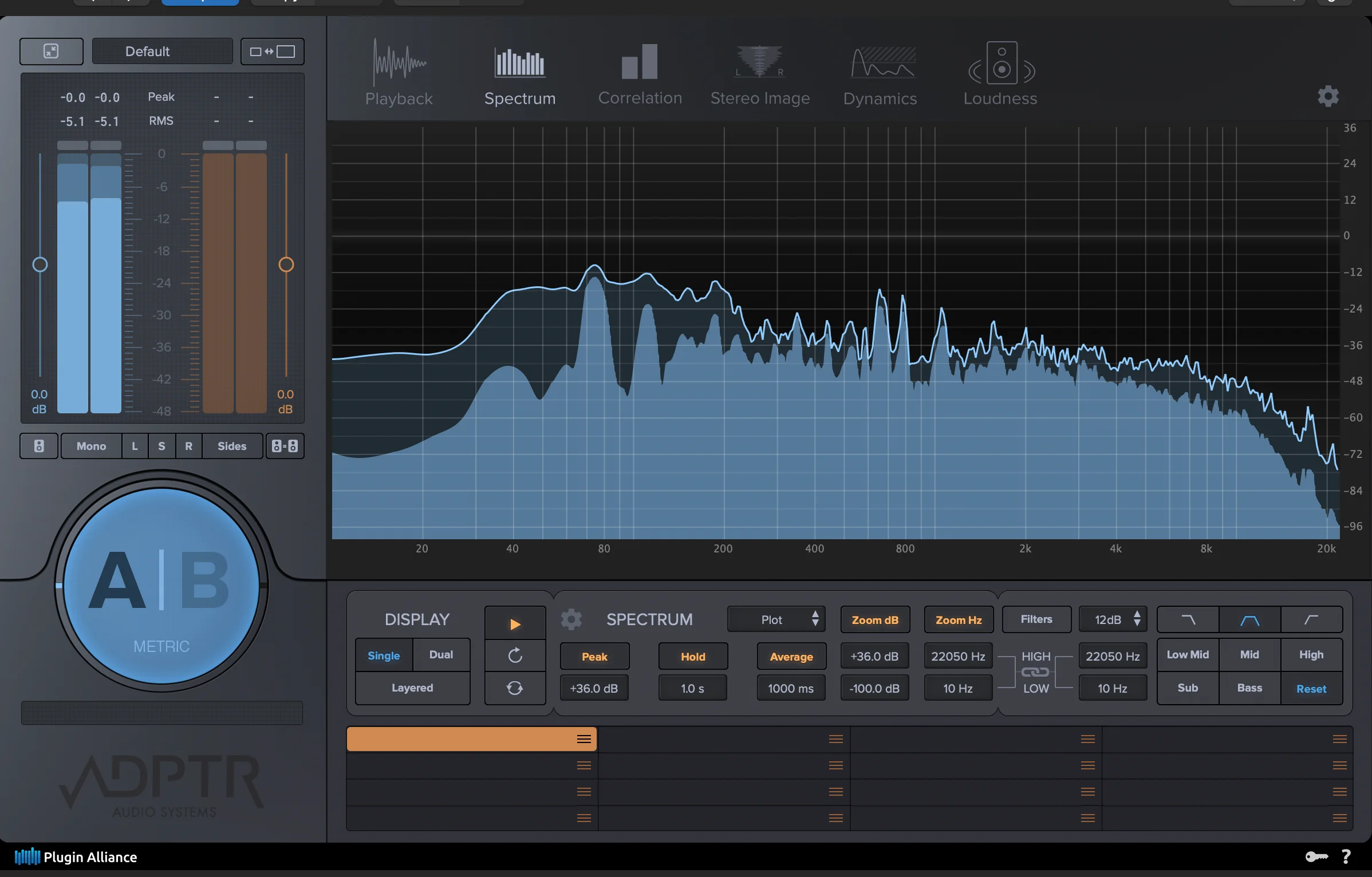 ADPTR Audio spectrum analyzer plugin showing frequency response visualization, demonstrating how traditional 2D frequency analysis can be enhanced with 3D mixing approaches