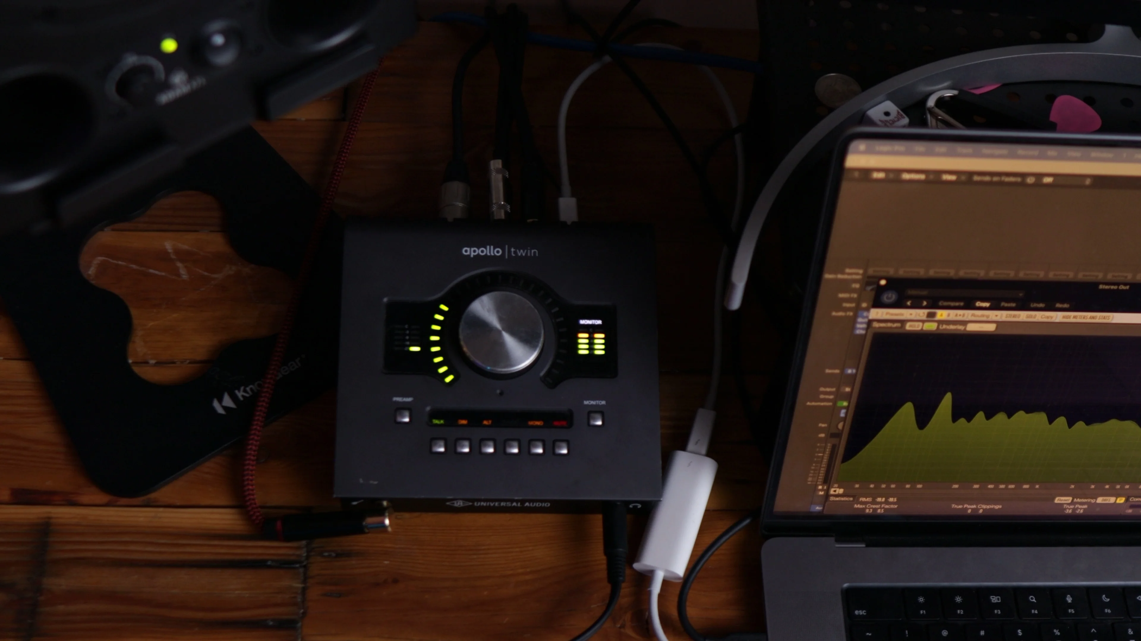 Universal Audio Apollo Twin audio interface with LED meters for professional vocal recording setup