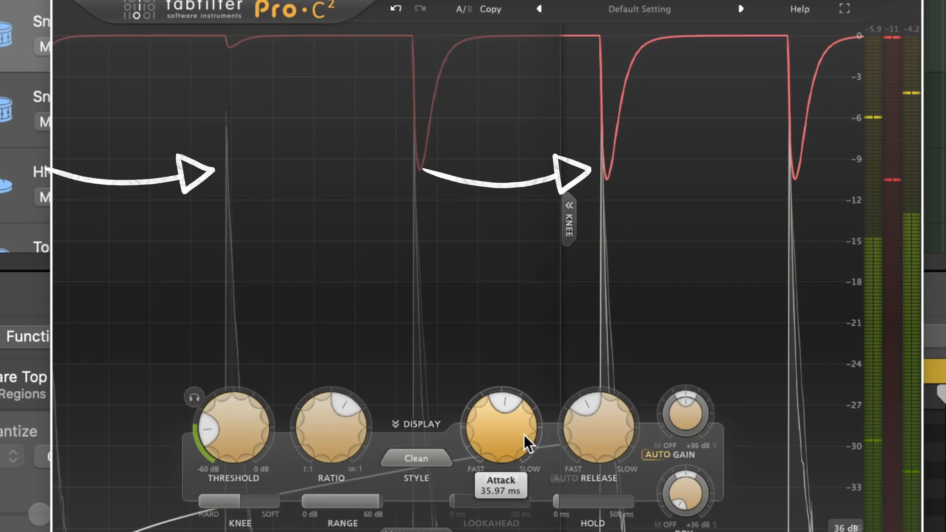 FabFilter Pro-C2 compressor plugin interface displaying threshold, ratio, attack and release settings for vocal compression in a professional mixing chain