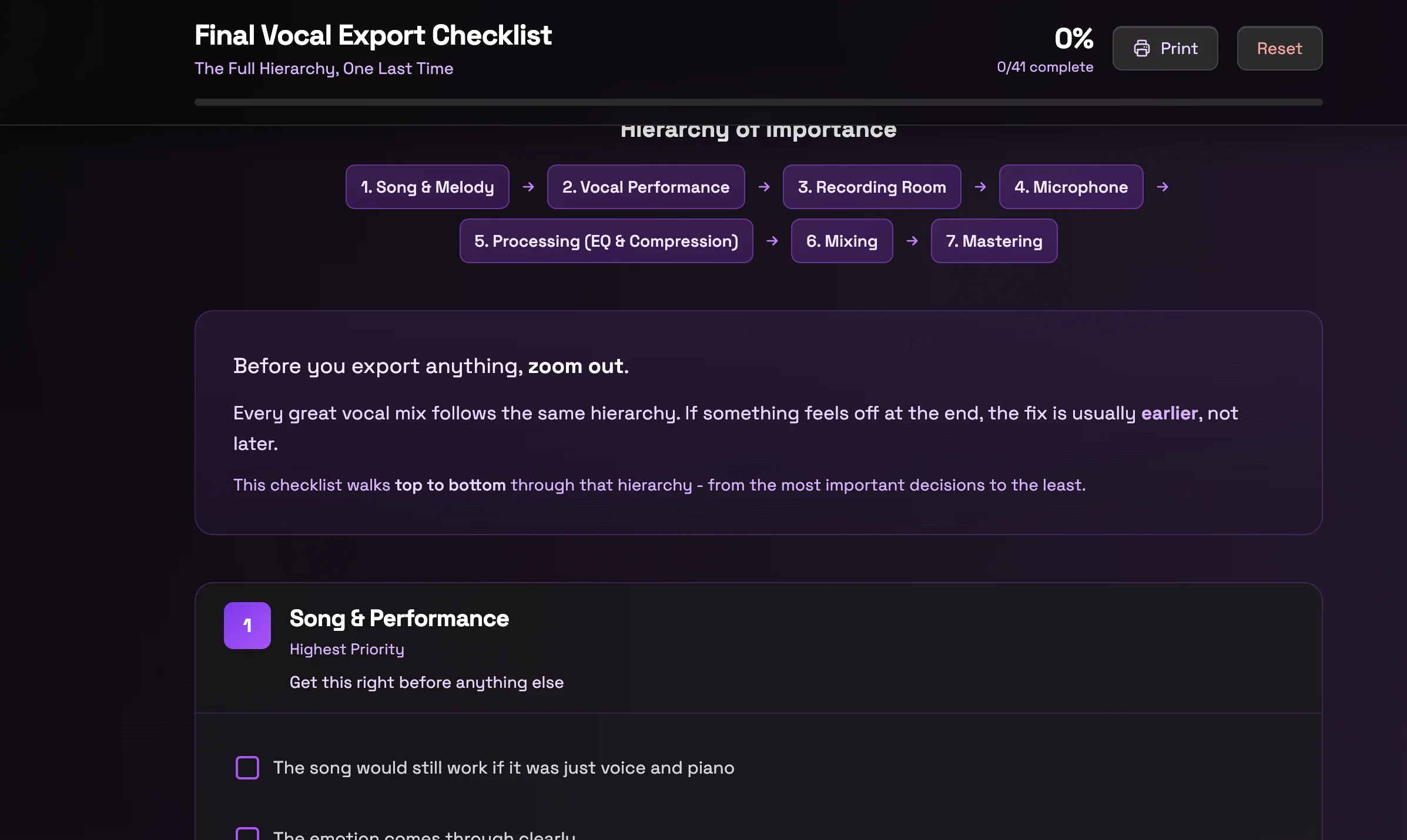 Final Vocal Export Checklist showing the hierarchy of song elements from composition to mastering for structured feedback