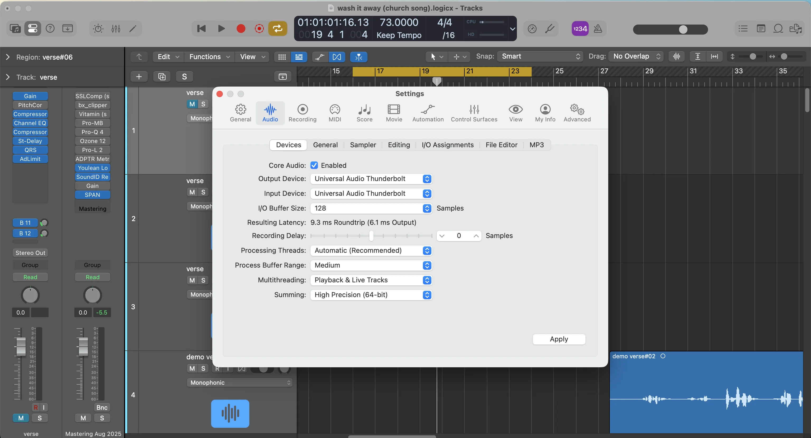 Logic Pro audio preferences window showing device settings and buffer size options that mirror the critical audio settings needed for iPhone recording