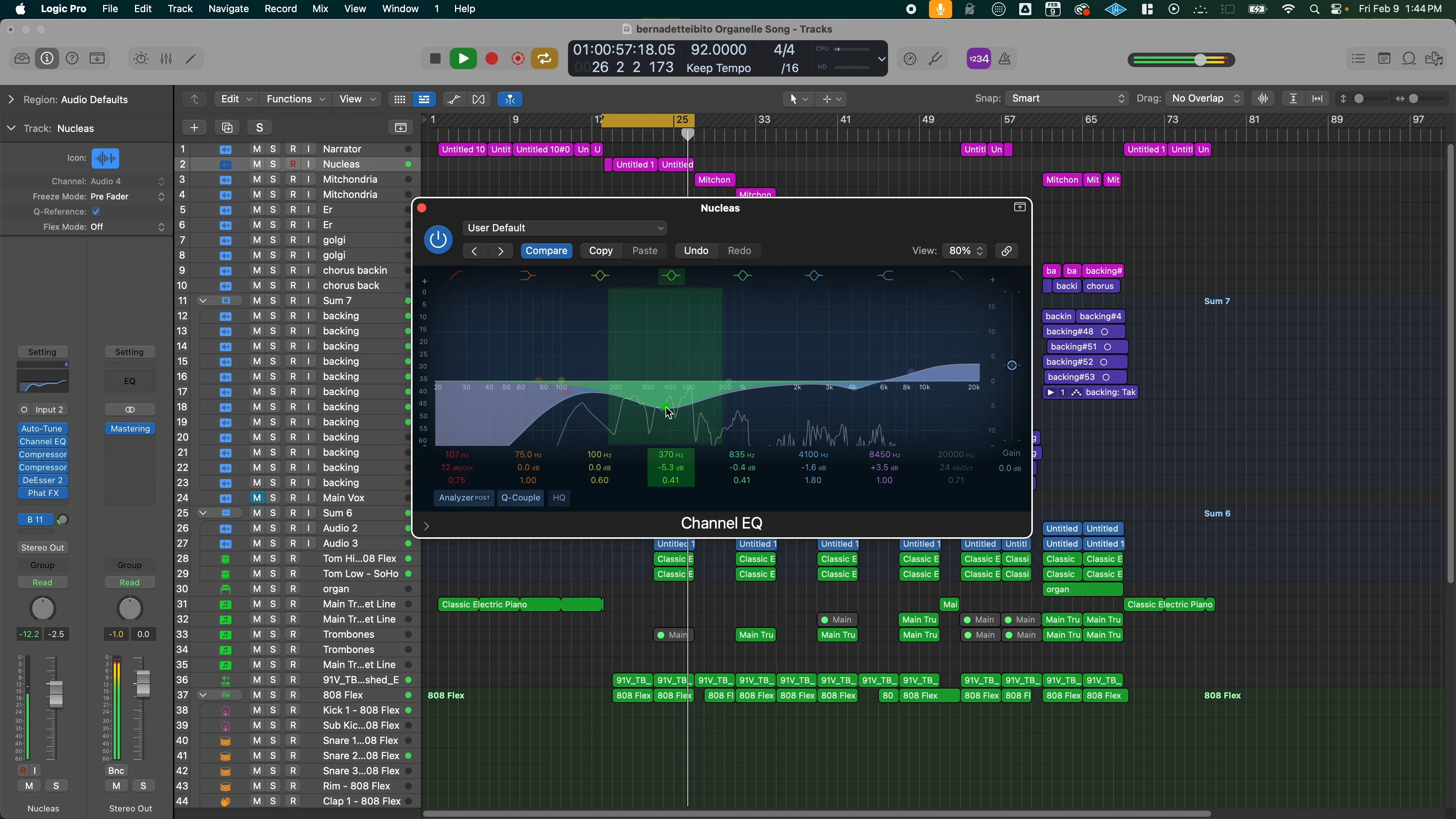 Logic Pro Channel EQ plugin interface showing built-in vocal processing capabilities with frequency response curve and track organization