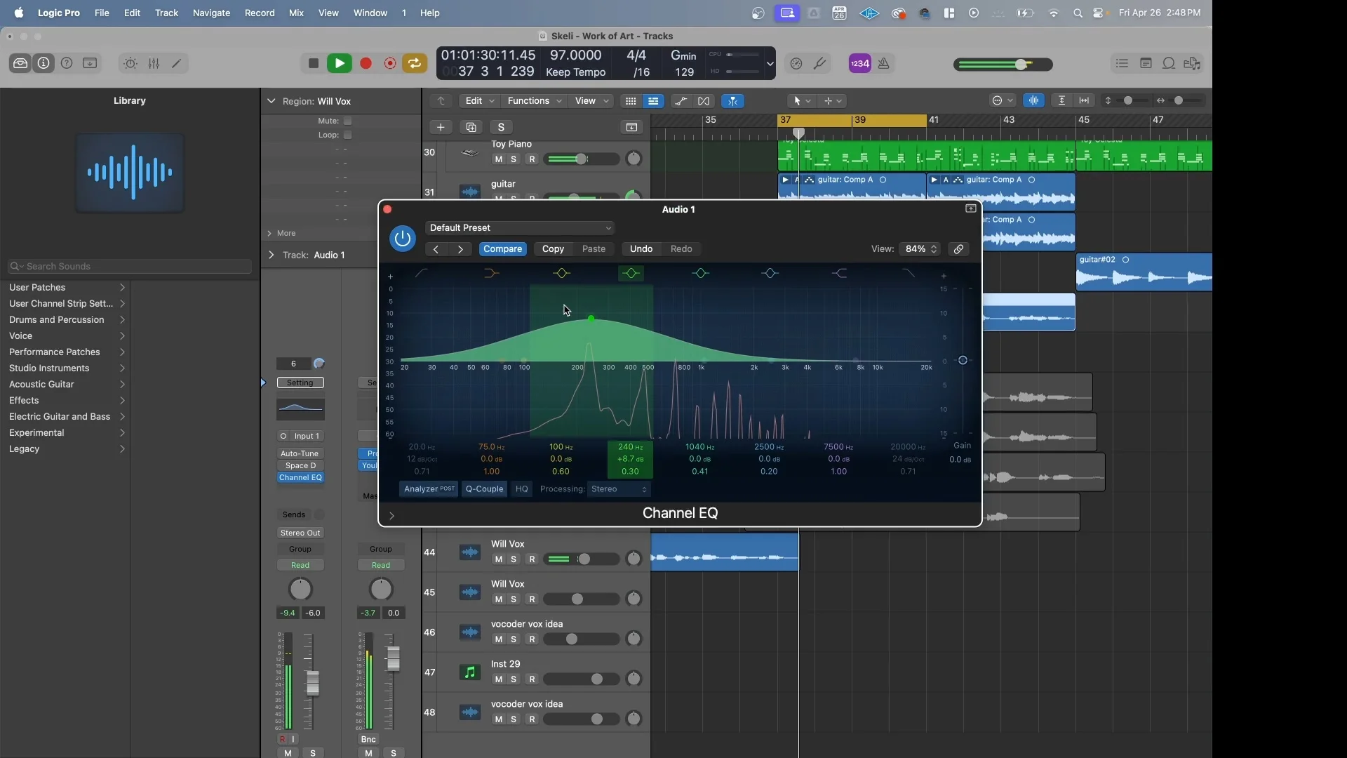 Logic Pro Channel EQ plugin interface showing frequency spectrum analysis and EQ curve optimized for warm vocal character