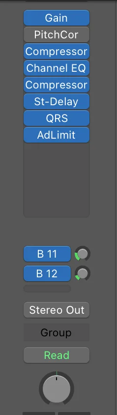 Logic Pro channel strip interface showing vocal processing plugin chain with EQ, compressor, and other audio effects for vocal preset installation