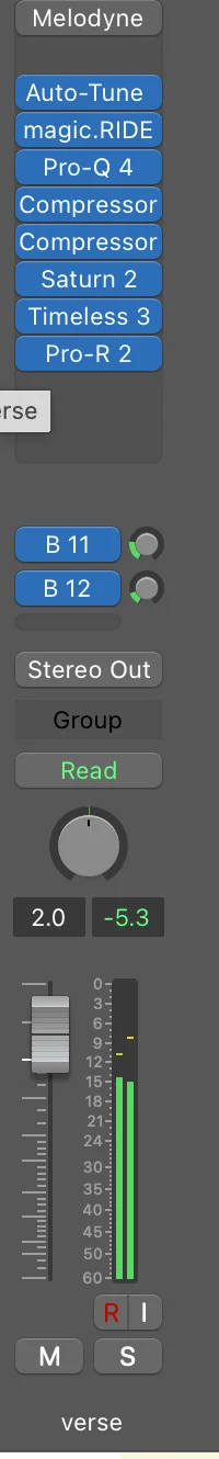 Logic Pro channel strip displaying vocal processing chain with multiple plugins for professional vocal production
