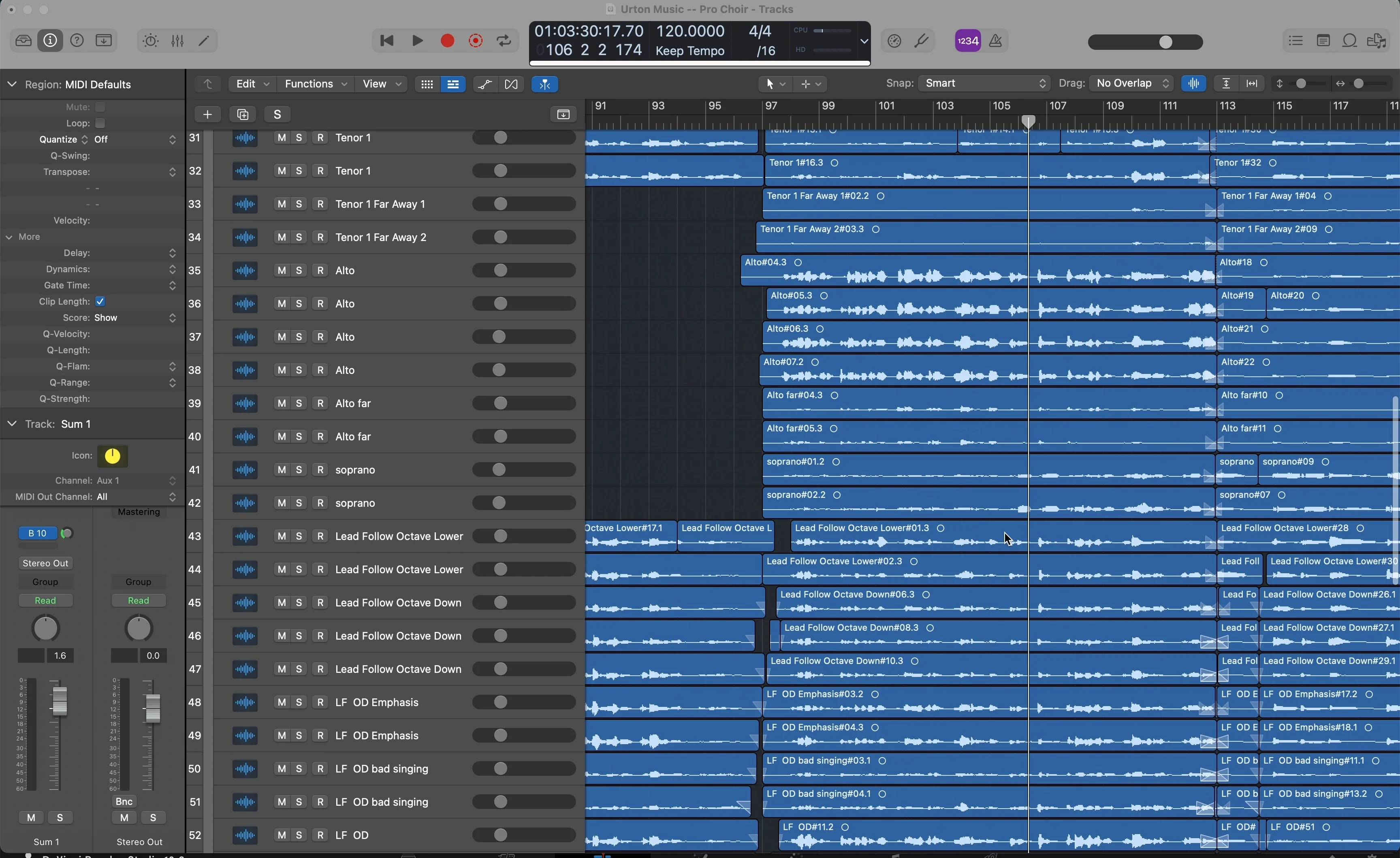Logic Pro session showing extensive vocal arrangement with multiple harmony tracks to create crowd chant effect from single voice