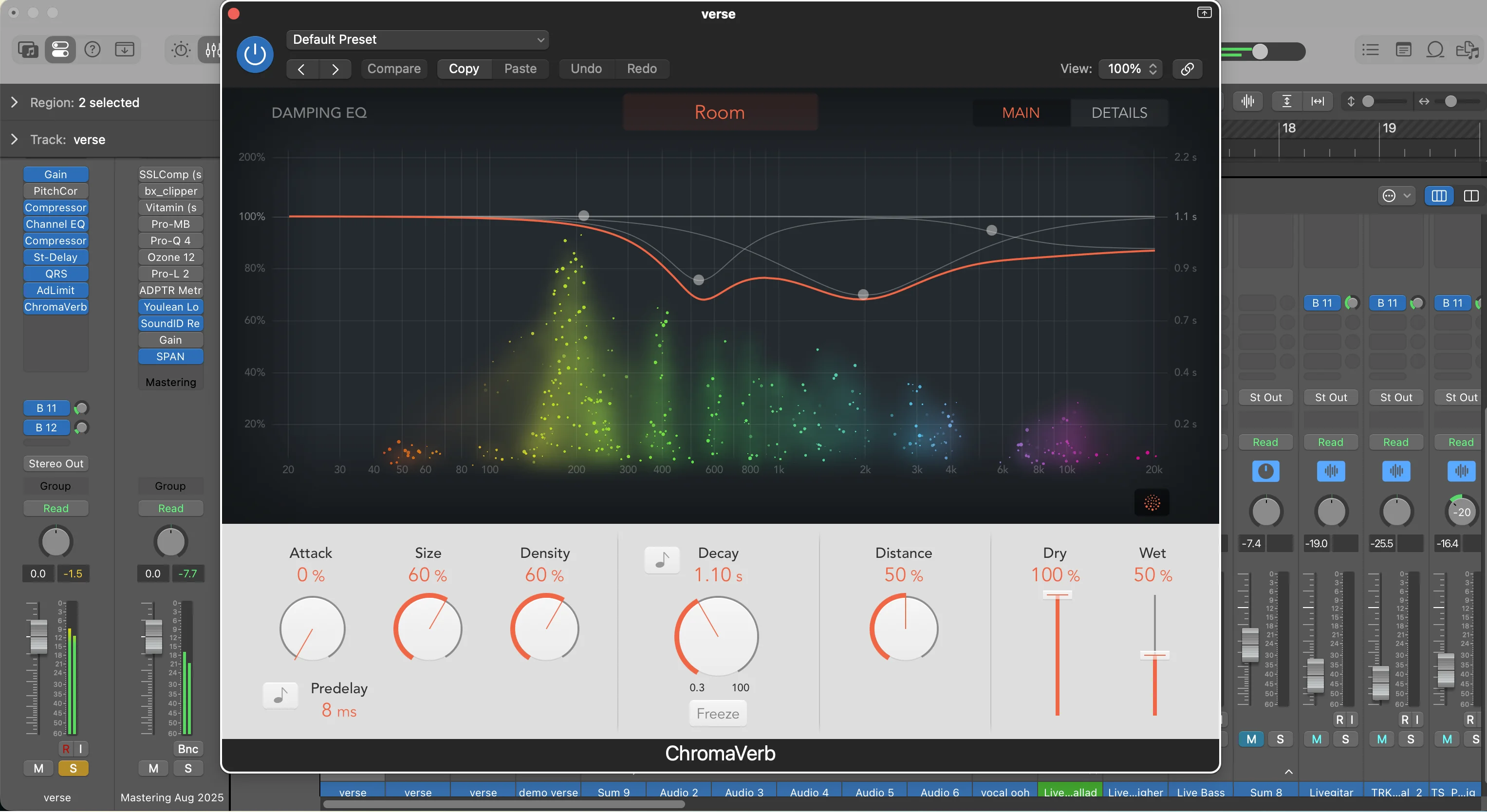 Logic Pro ChromaVerb plugin interface showing room reverb settings with colorful frequency visualization for creating custom ambient sounds