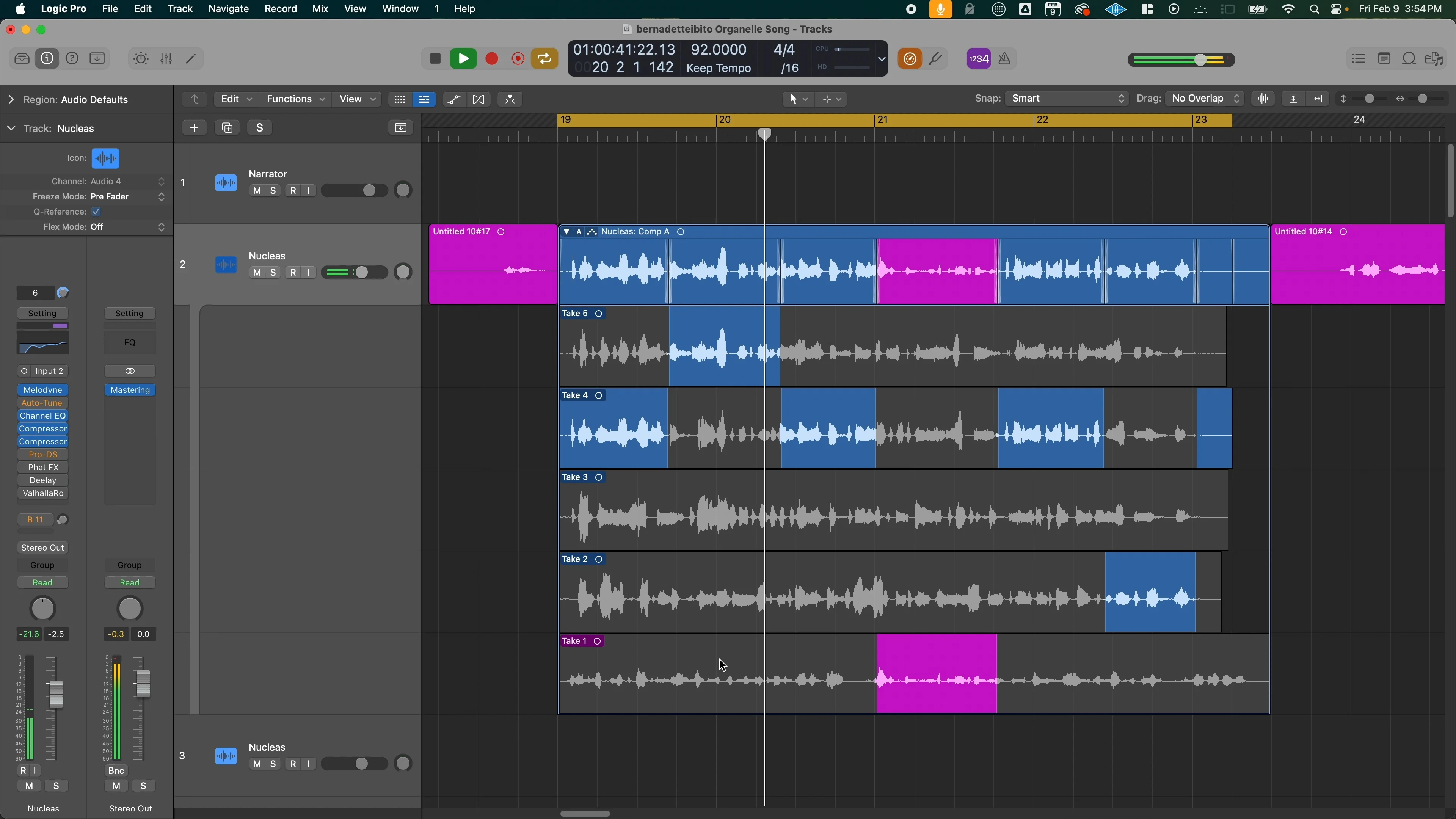 Logic Pro vocal comping interface showing multiple vocal takes with colored audio regions, demonstrating the multi-layered vocal arrangement process