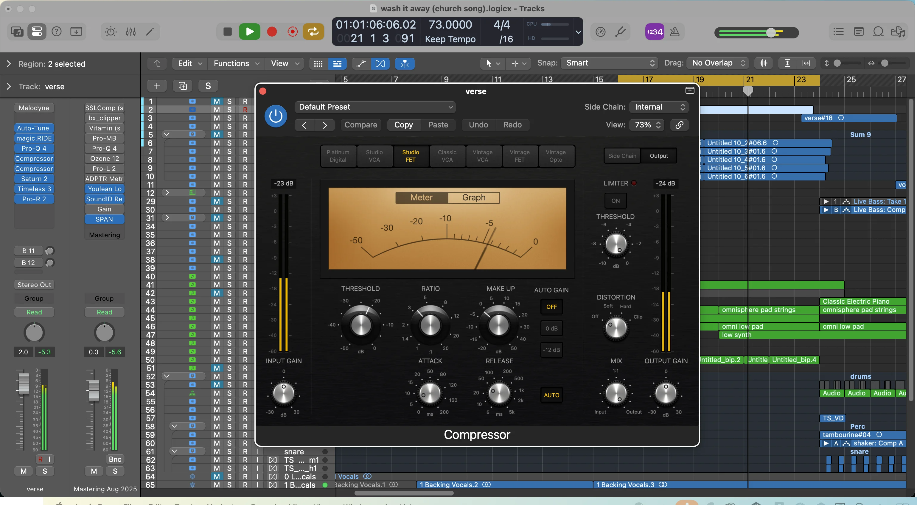 Logic Pro compressor plugin interface showing threshold, ratio, and gain controls that can negatively impact vocal dynamics when overused