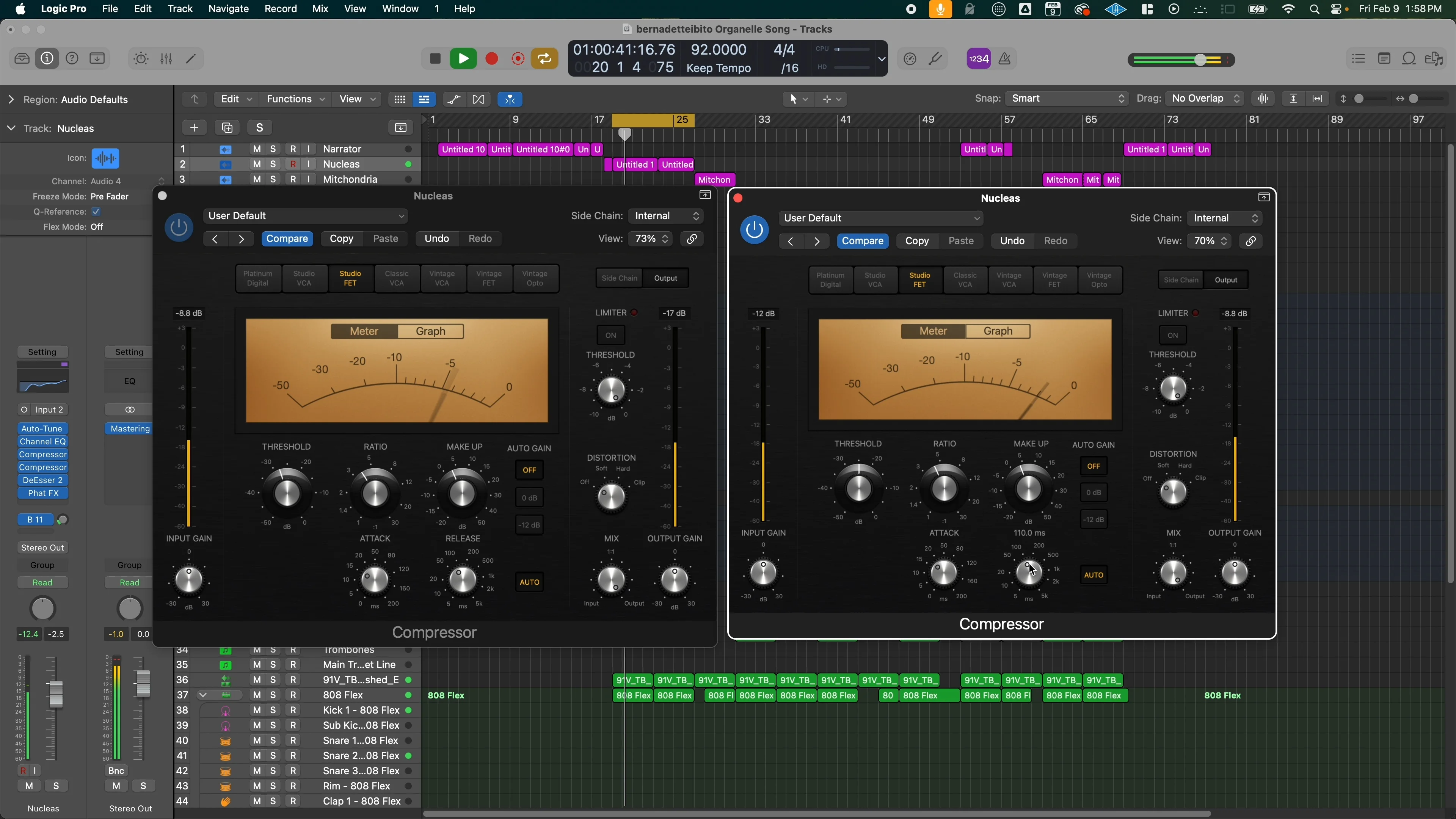Logic Pro showing dual vintage compressor plugins with VU meters demonstrating parallel compression chain for natural dynamic control