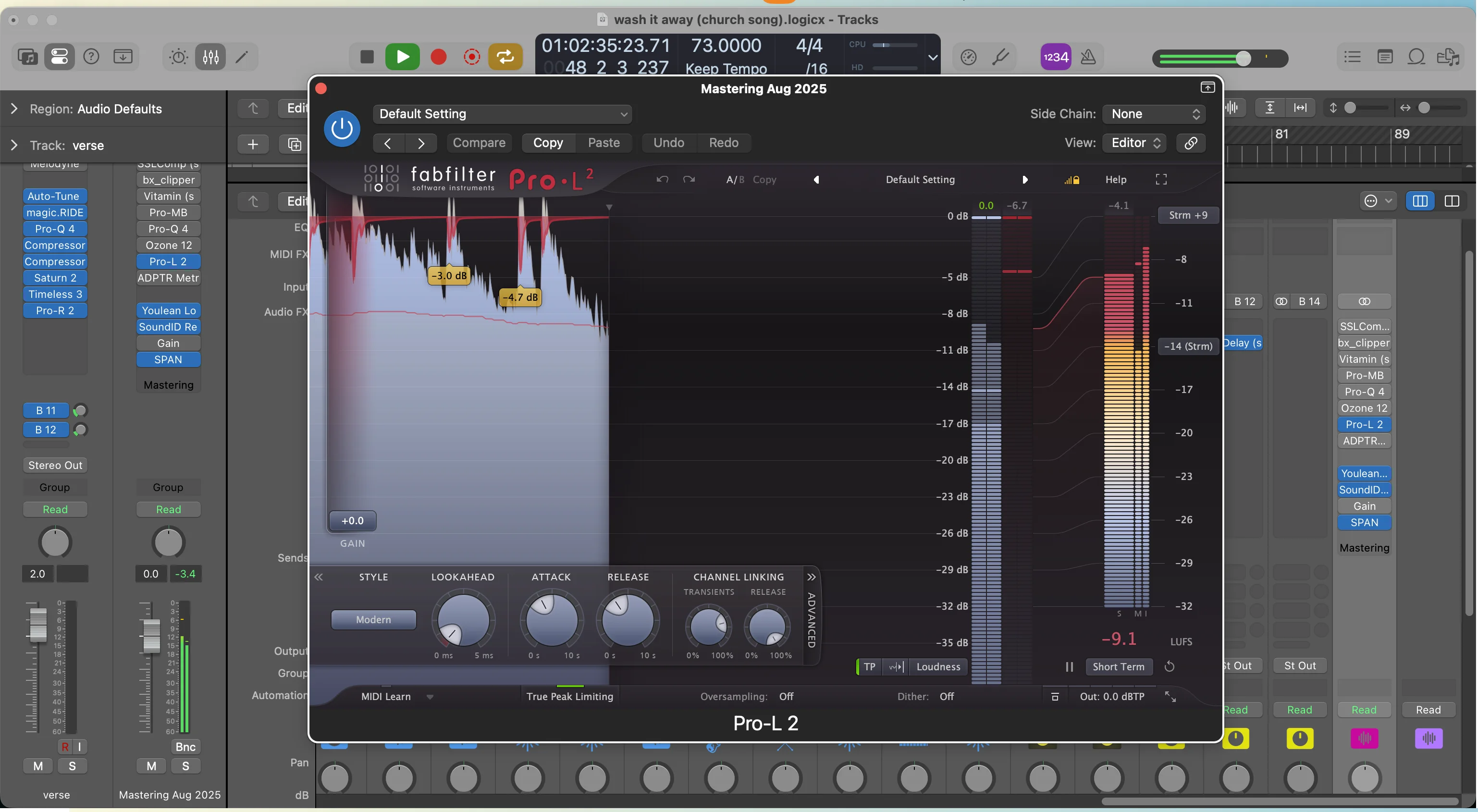 FabFilter Pro-L 2 limiter plugin interface in Logic Pro showing loudness metering and gain reduction controls to prevent clipping