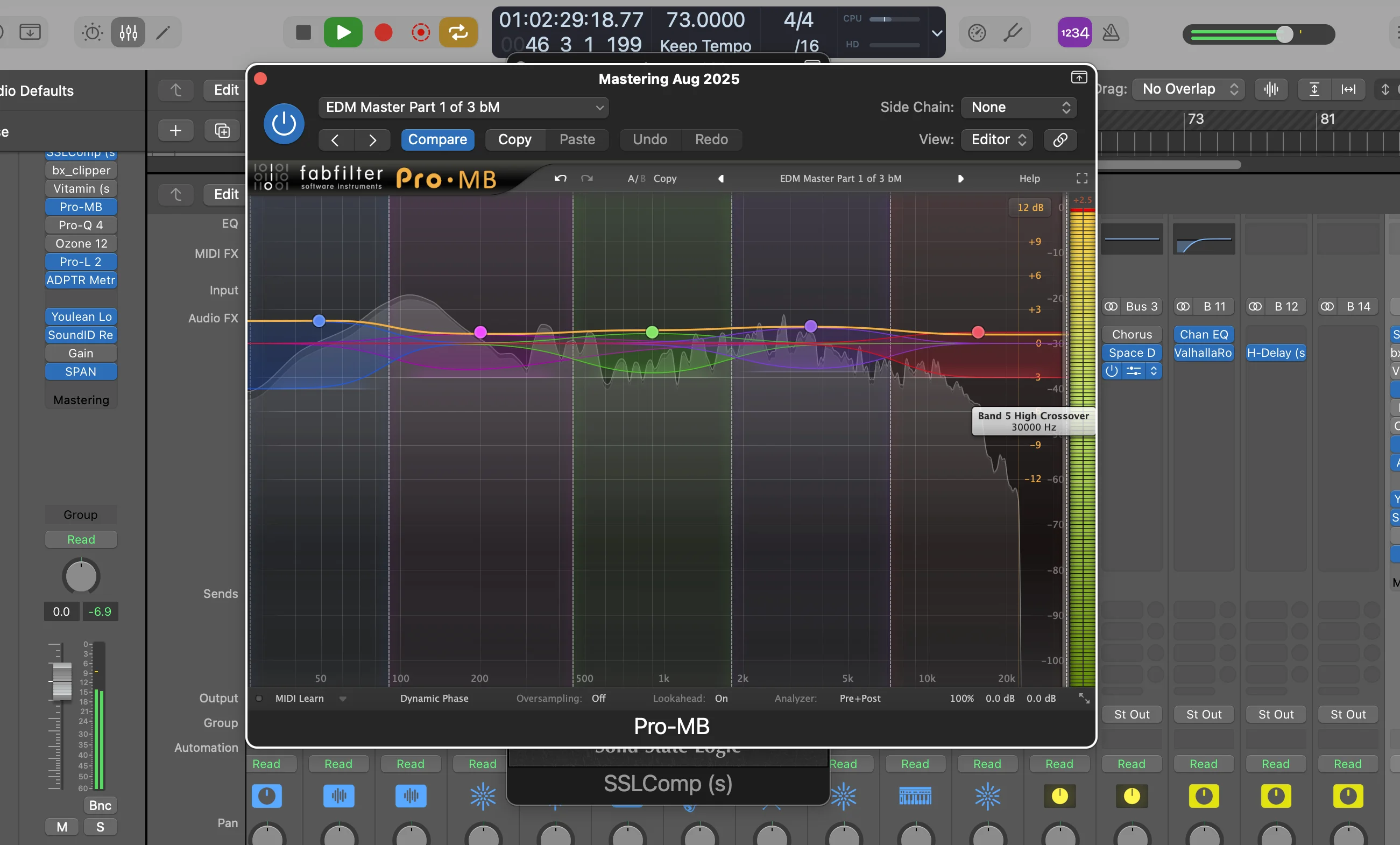 Logic Pro X mastering session showing professional plugin chain with FabFilter Pro-MB multiband compressor and track mixer for mastering workflow