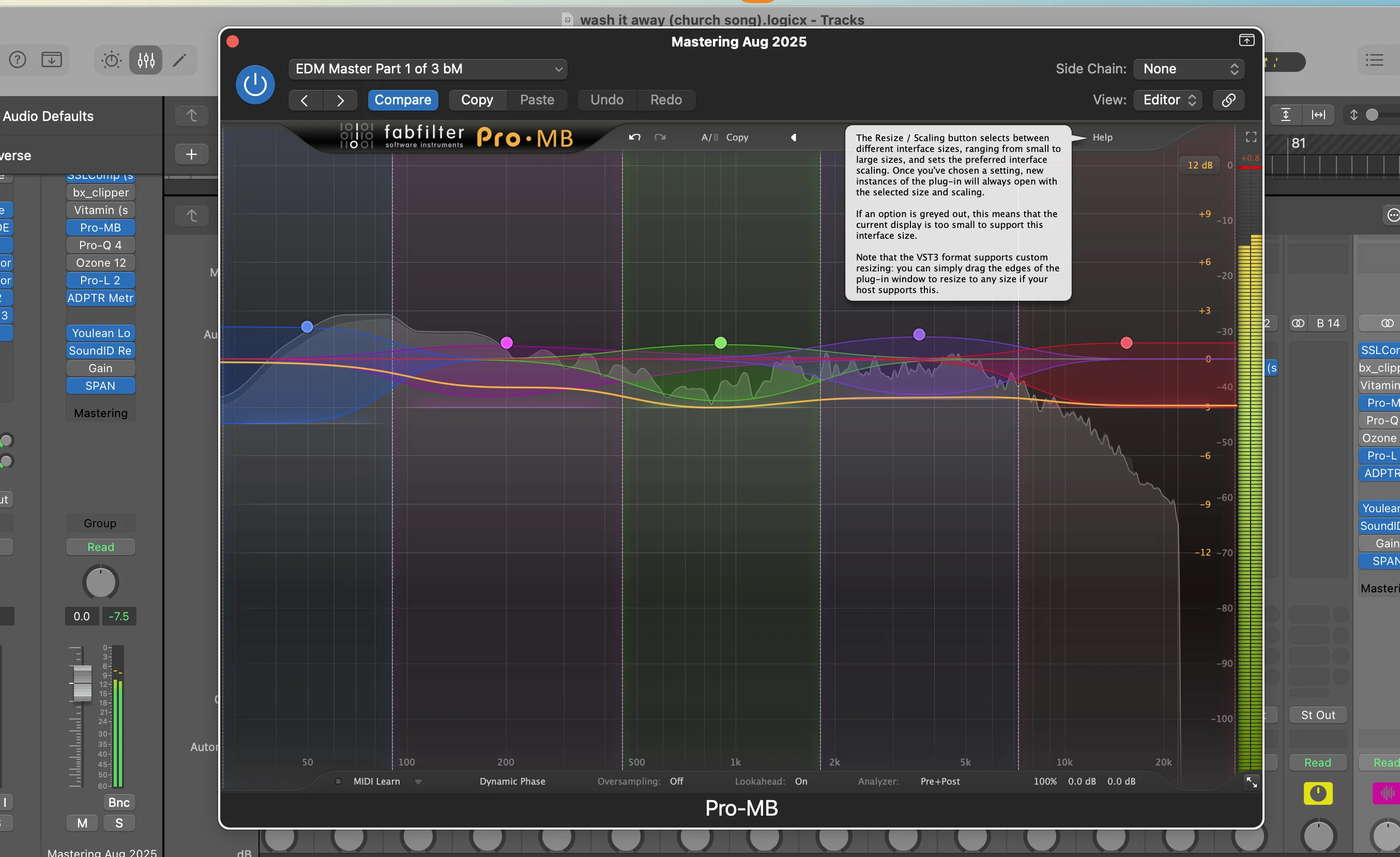 Logic Pro X interface showing FabFilter Pro-MB multiband compressor with frequency spectrum analysis and precise mathematical controls for compression timing