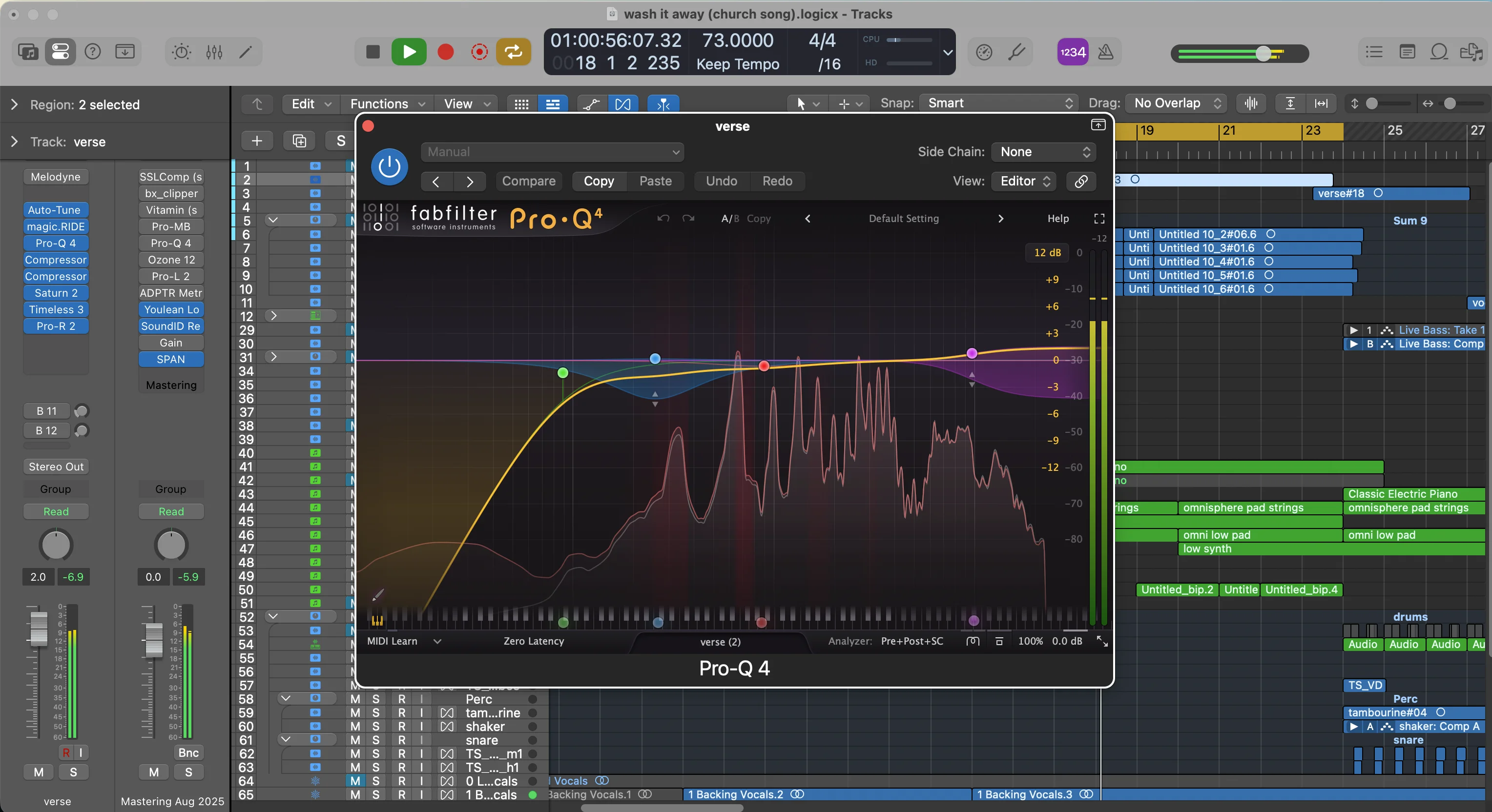 Logic Pro interface showing FabFilter Pro-Q 4 EQ plugin with AI-enhanced frequency analysis and intelligent EQ suggestions