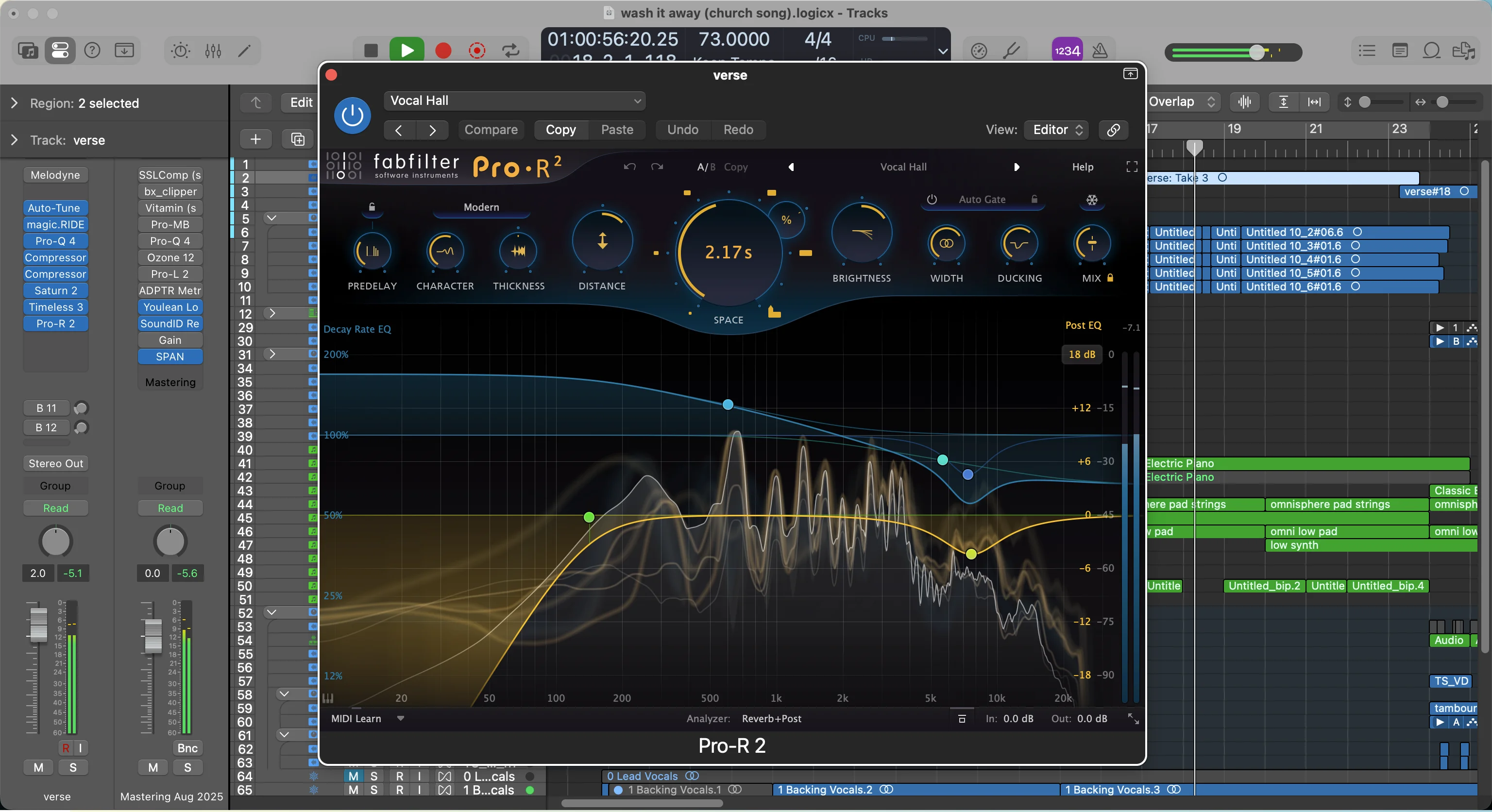 Audio plugin interface showing reverb controls and frequency response, demonstrating professional reverb processing similar to Valhalla SuperMassive