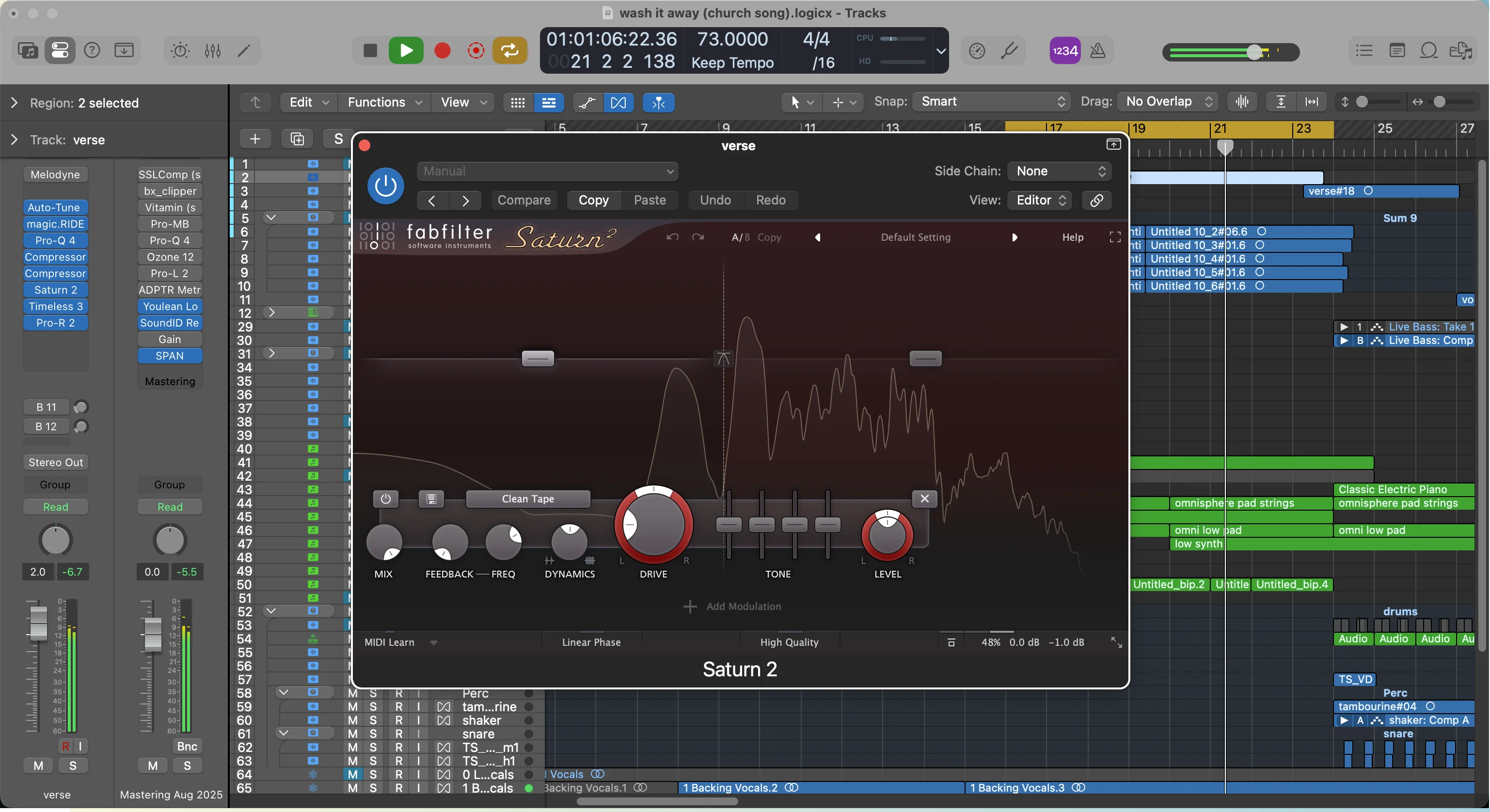 FabFilter Saturn 2 distortion plugin interface in Logic Pro, demonstrating advanced distortion controls similar to Logic Pro 11's new AI-powered Chroma Glow effect