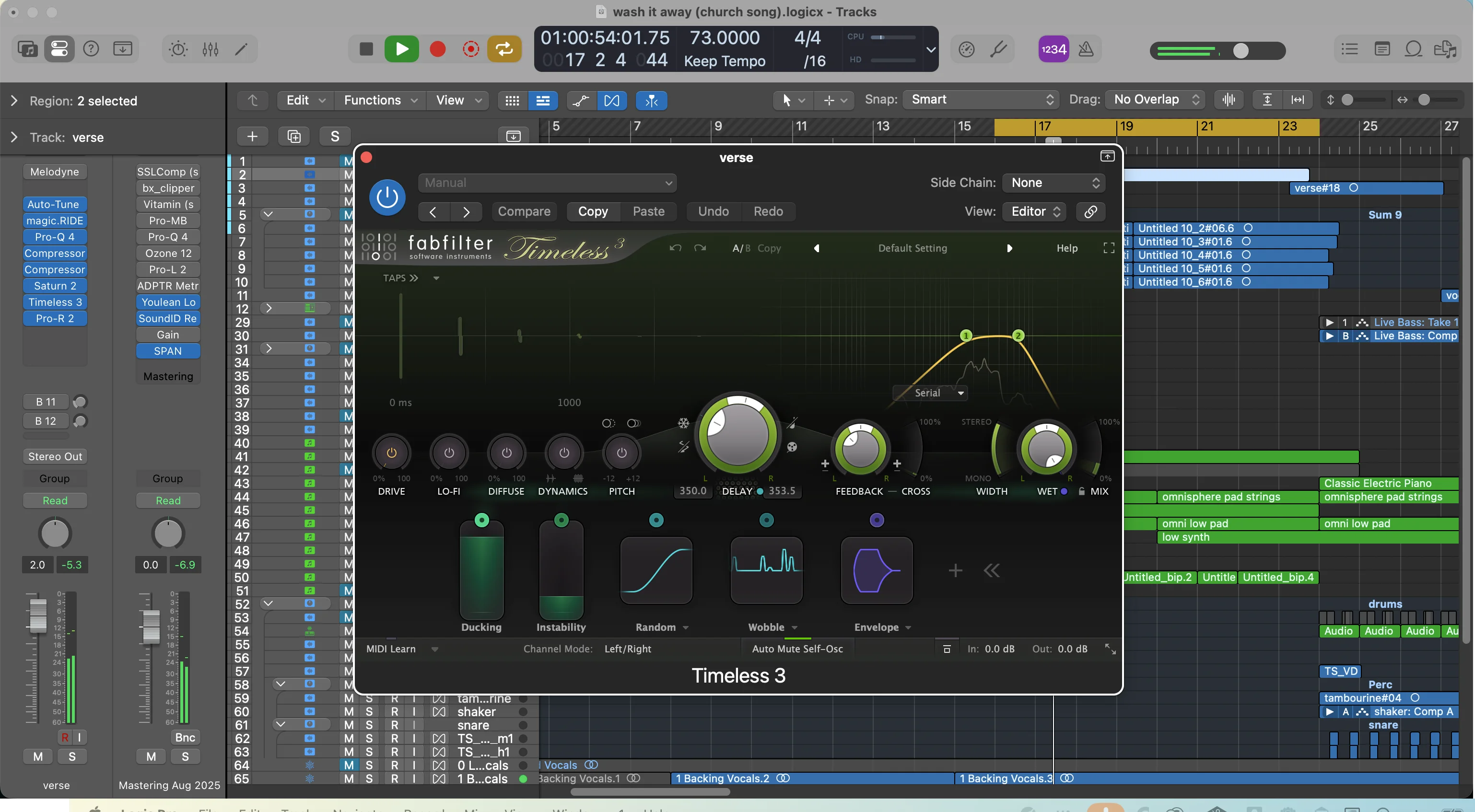 FabFilter Timeless 3 delay plugin interface in Logic Pro showing delay controls and modulation sections for creating echo effects