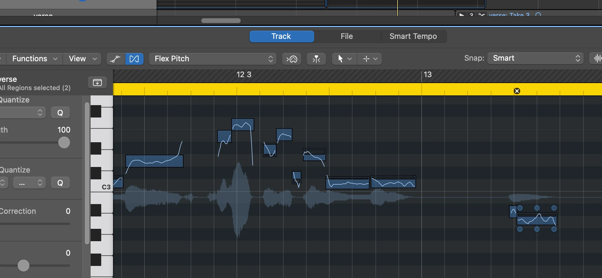 Close-up view of Logic Pro Flex Pitch editor showing detailed pitch curve editing with precise note reference for fine-tuning vocal corrections