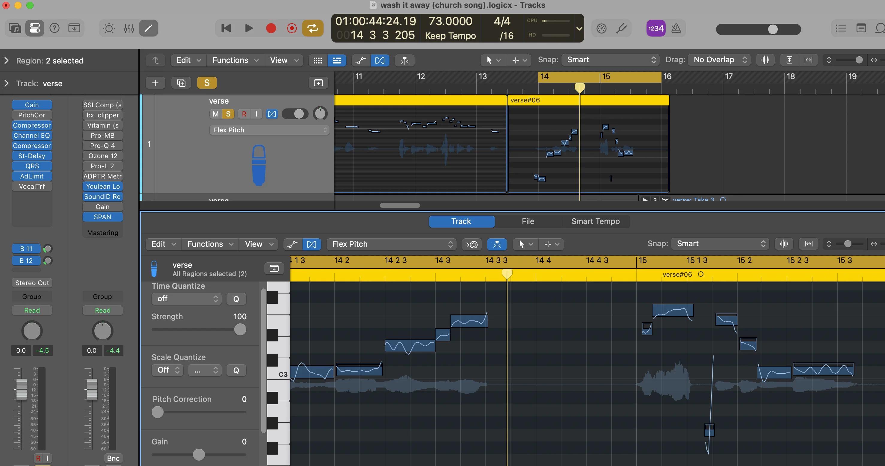 Logic Pro Flex Pitch editor interface displaying vocal pitch correction curves and timing adjustments for analyzing recorded vocals