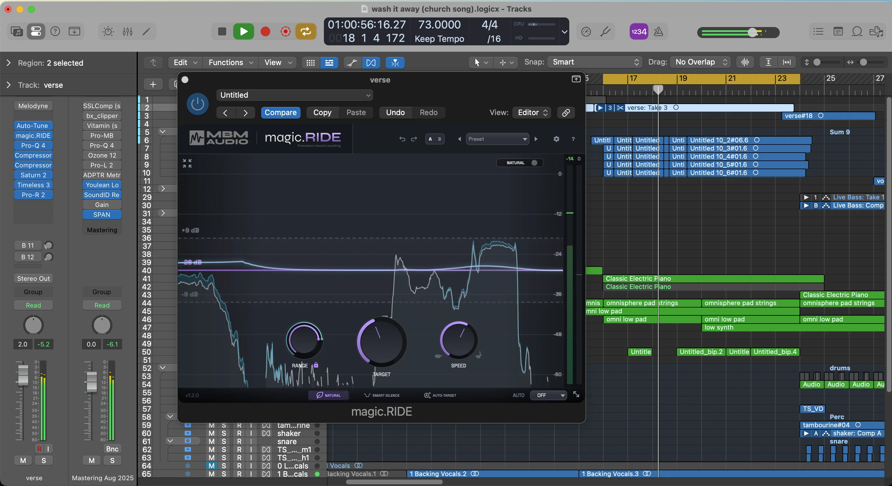 Logic Pro magic.RIDE dynamics plugin interface with frequency analyzer and compression controls for professional vocal processing