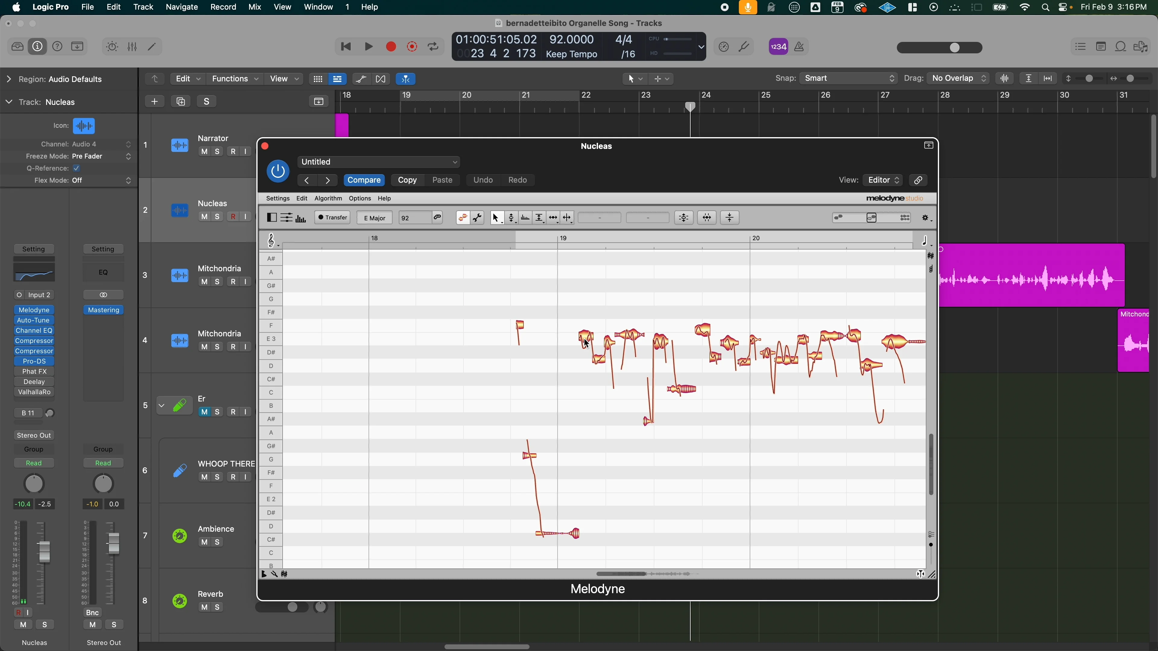 Logic Pro interface showing Melodyne pitch correction plugin with vocal pitch editing curves and note detection for professional vocal tuning