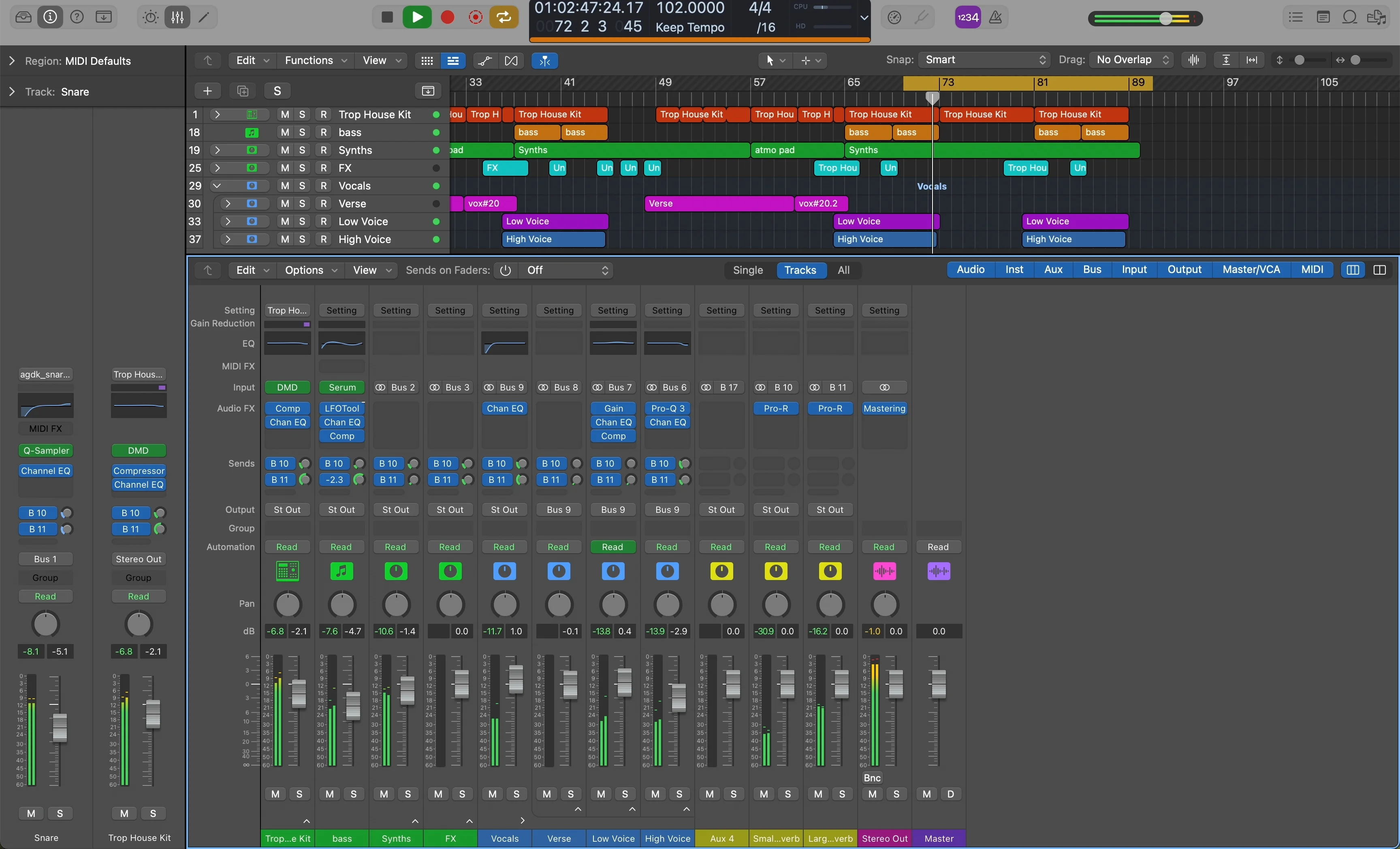 Logic Pro mixer interface showing multiple channel strips with vocal processing chains including reverb, EQ, and compression