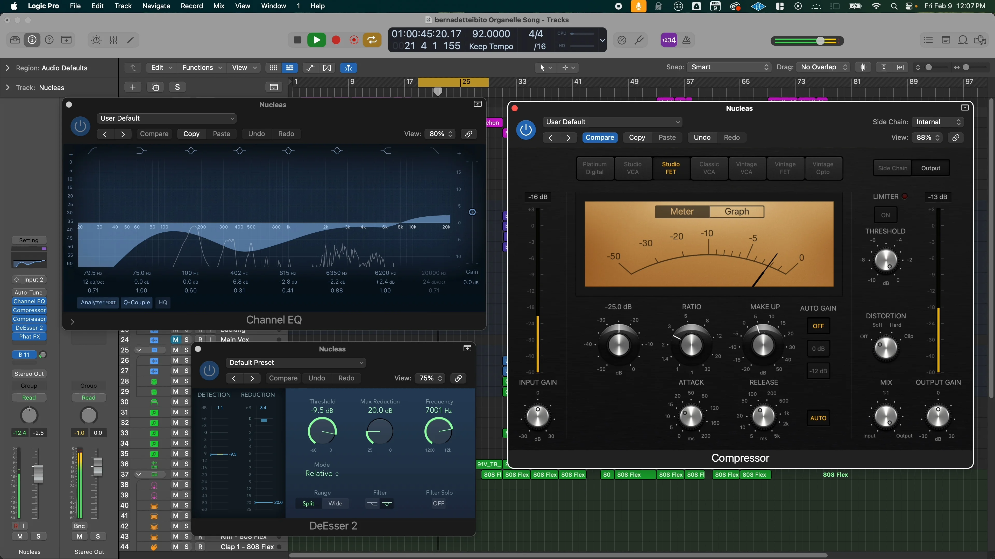 Logic Pro interface displaying multiple plugins loaded in a chain including Channel EQ and compressor, demonstrating plugin management and organization