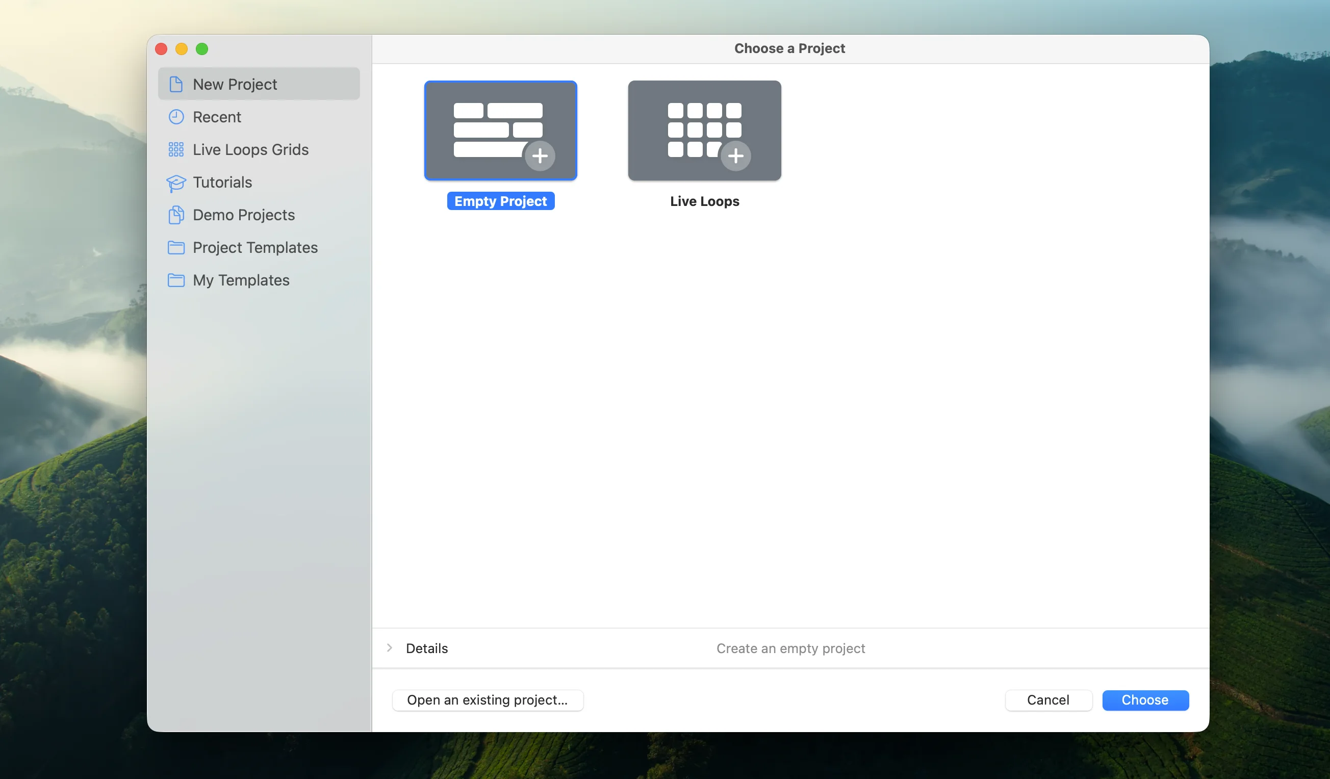 Logic Pro new project creation screen showing Empty Project and Live Loops options for template setup