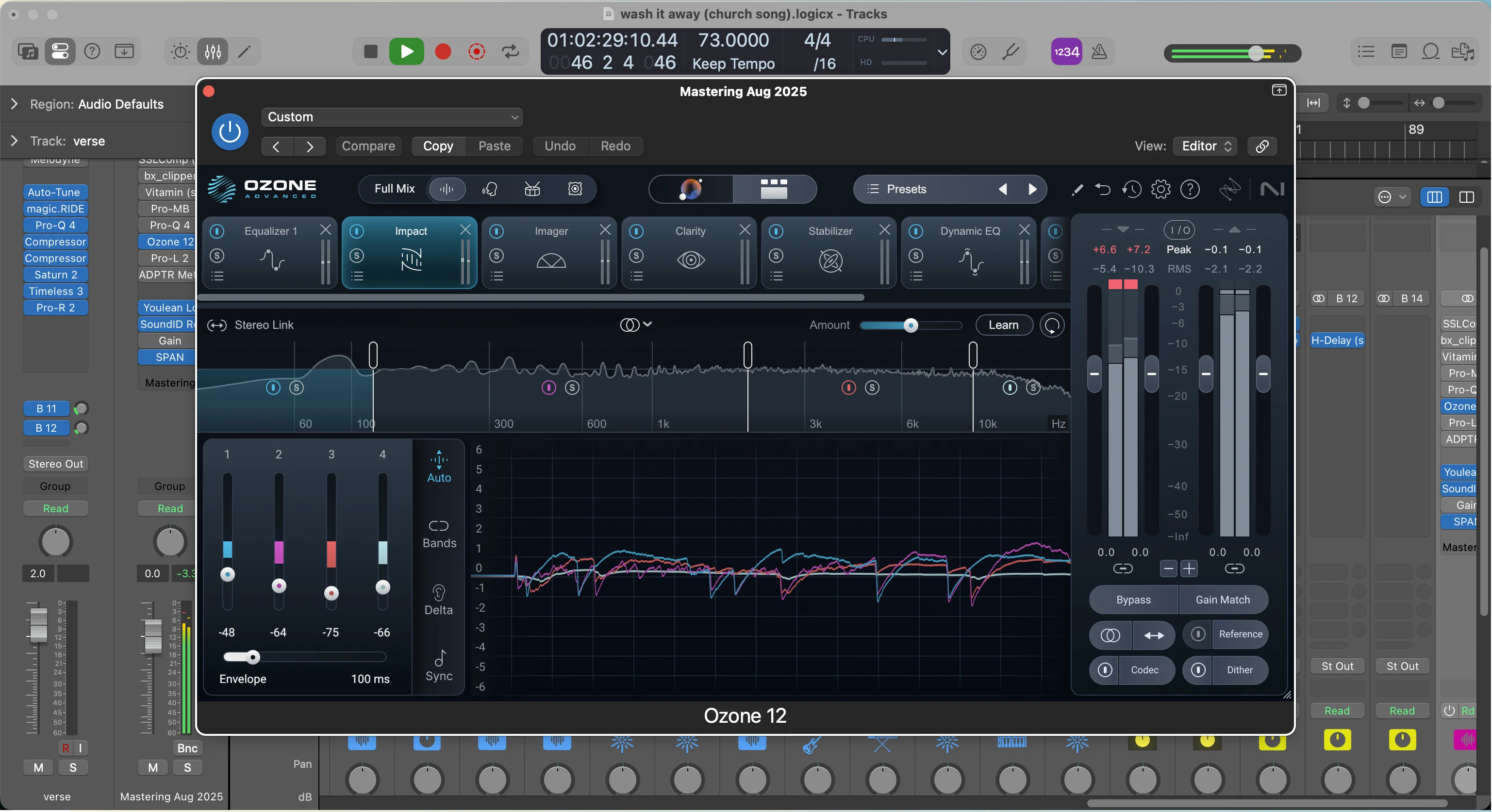 Logic Pro X mastering chain interface showing Ozone plugin with EQ, dynamics, and stereo imaging modules for professional audio mastering