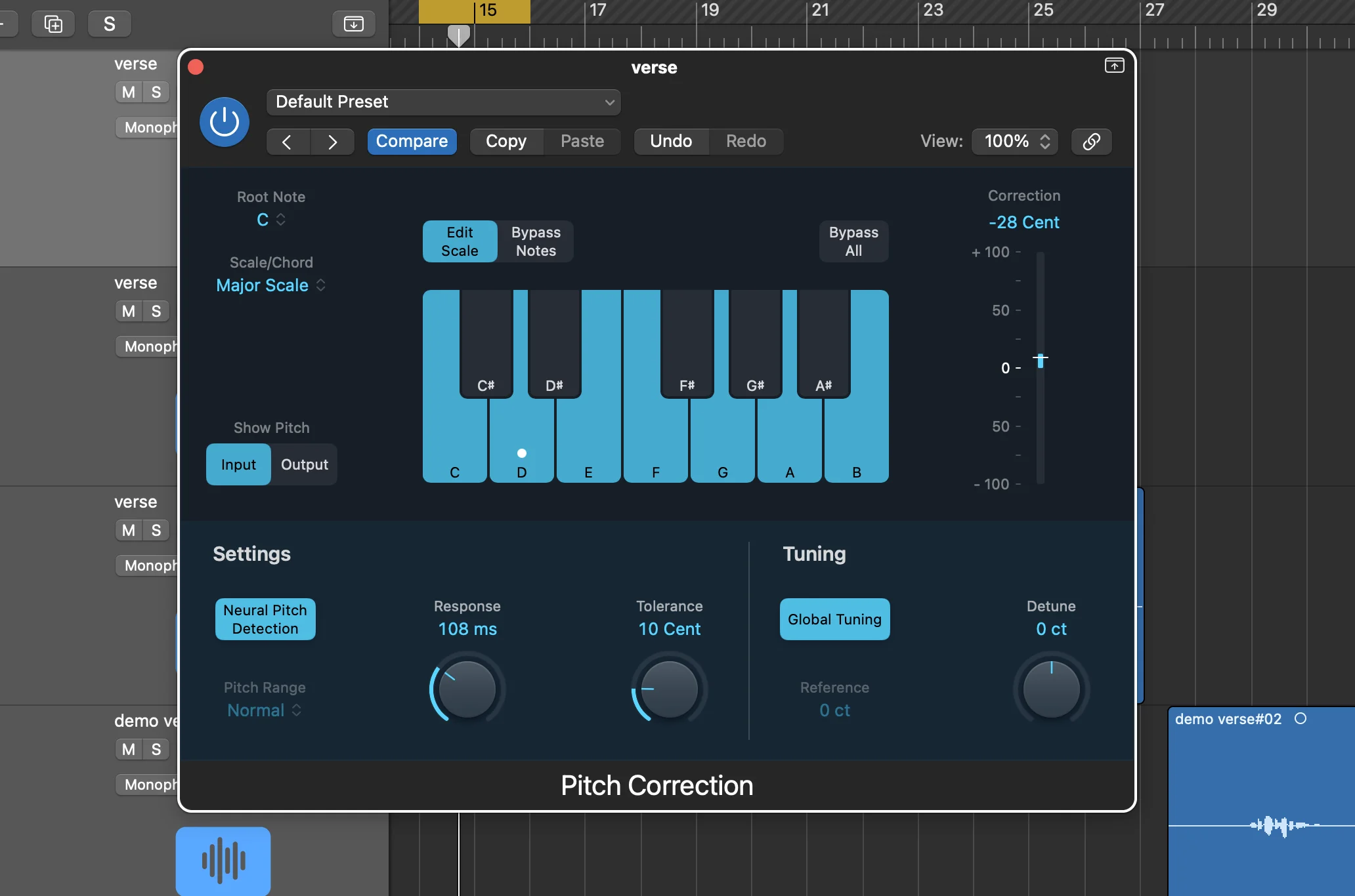 Logic Pro's built-in pitch correction plugin interface showing C major scale settings and neural pitch detection for vocal tuning