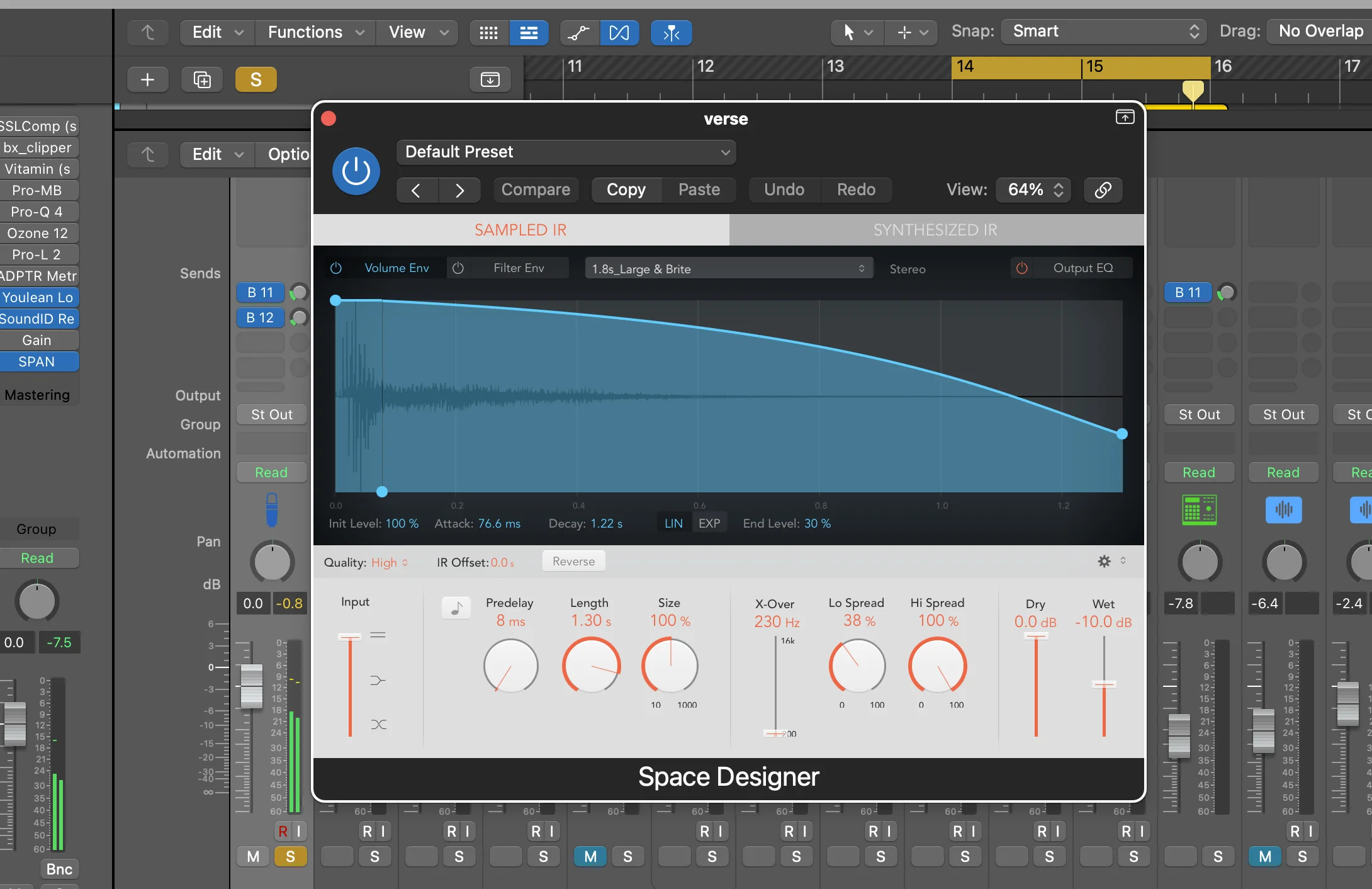 Logic Pro Space Designer reverb plugin interface showing sampled impulse response with envelope controls for professional reverb busing techniques