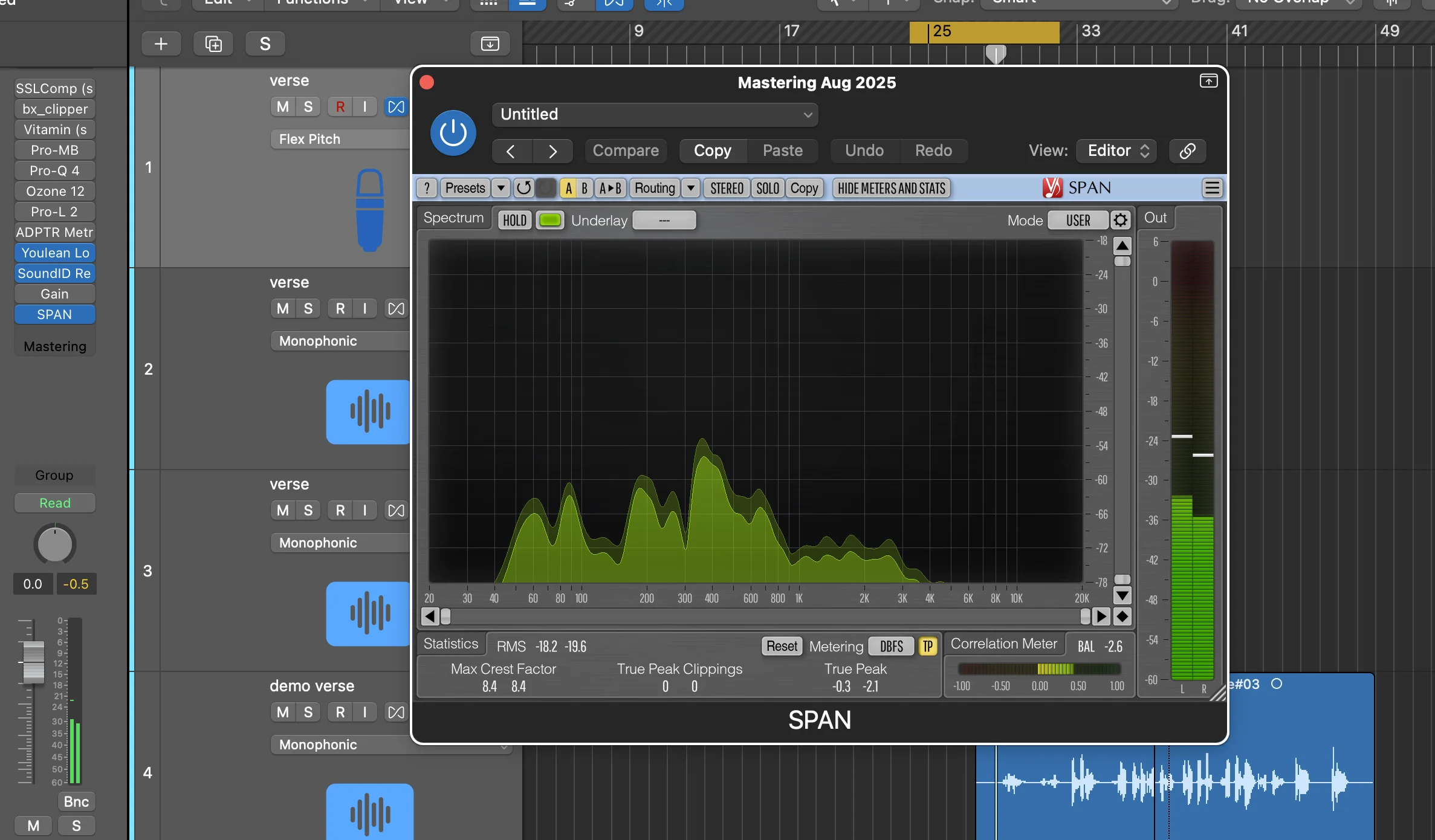 Logic Pro X SPAN frequency analyzer displaying vocal frequency spectrum for professional EQ adjustments