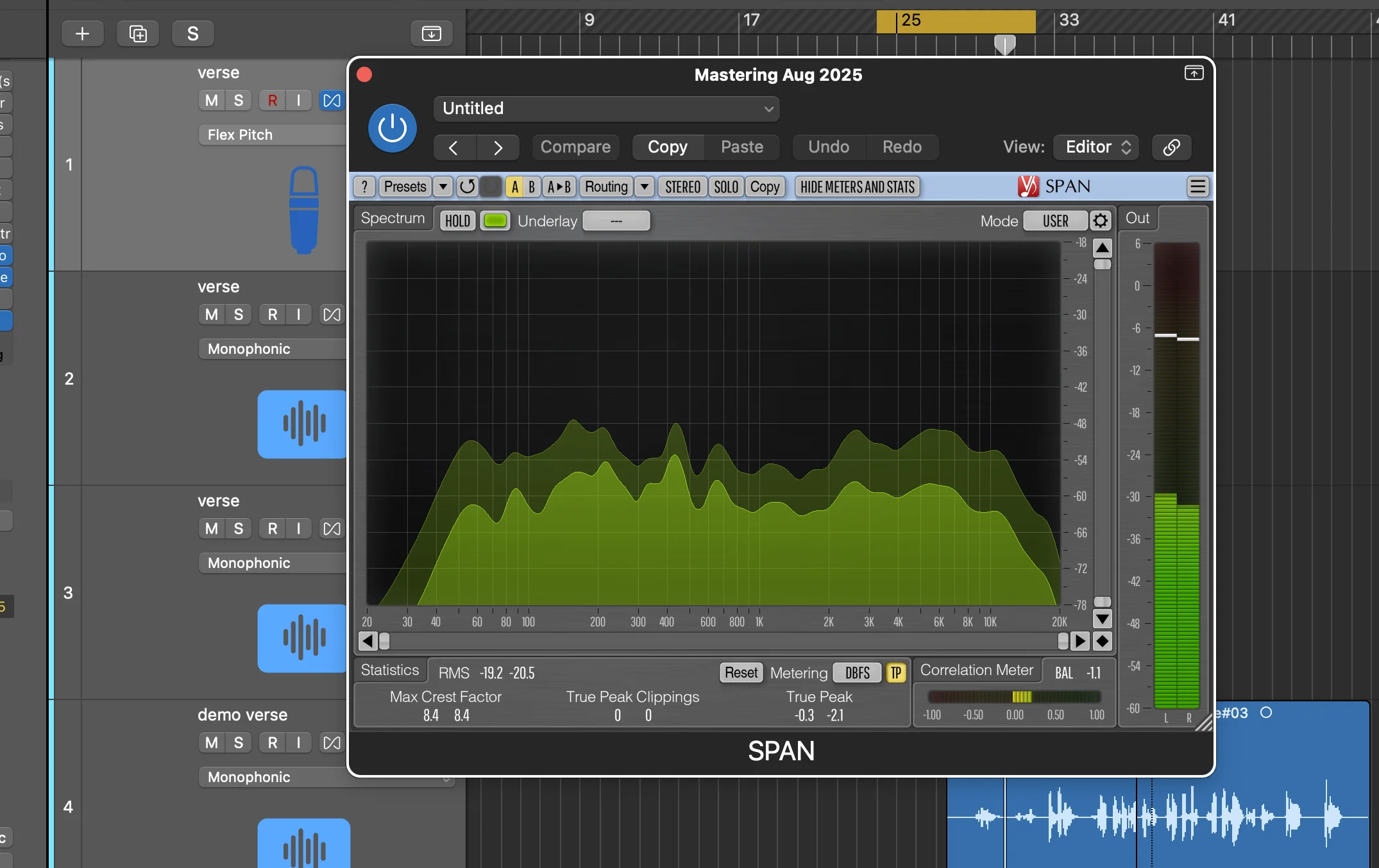 Logic Pro X SPAN frequency analyzer displaying detailed frequency spectrum visualization for identifying and carving frequency pockets for each instrument in a mix