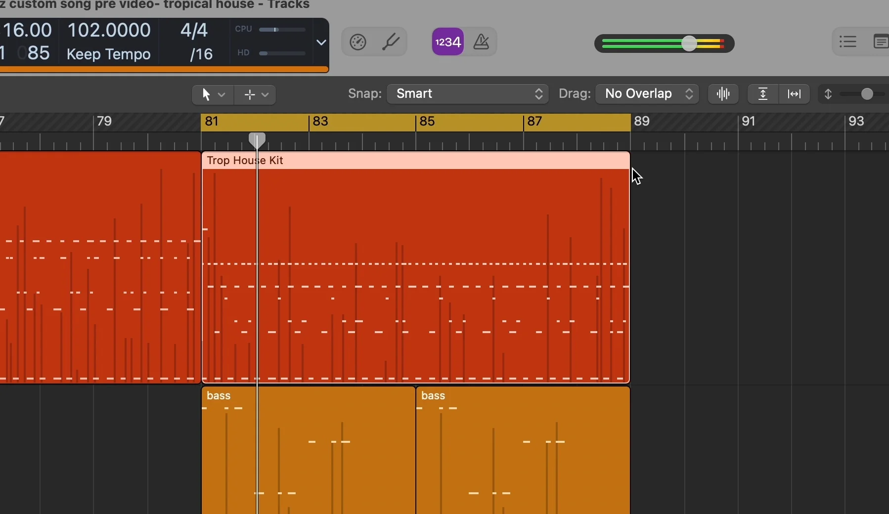 Logic Pro DAW interface displaying a complete song arrangement with multiple sections including drums and bass, illustrating how different song structures are organized in modern music production