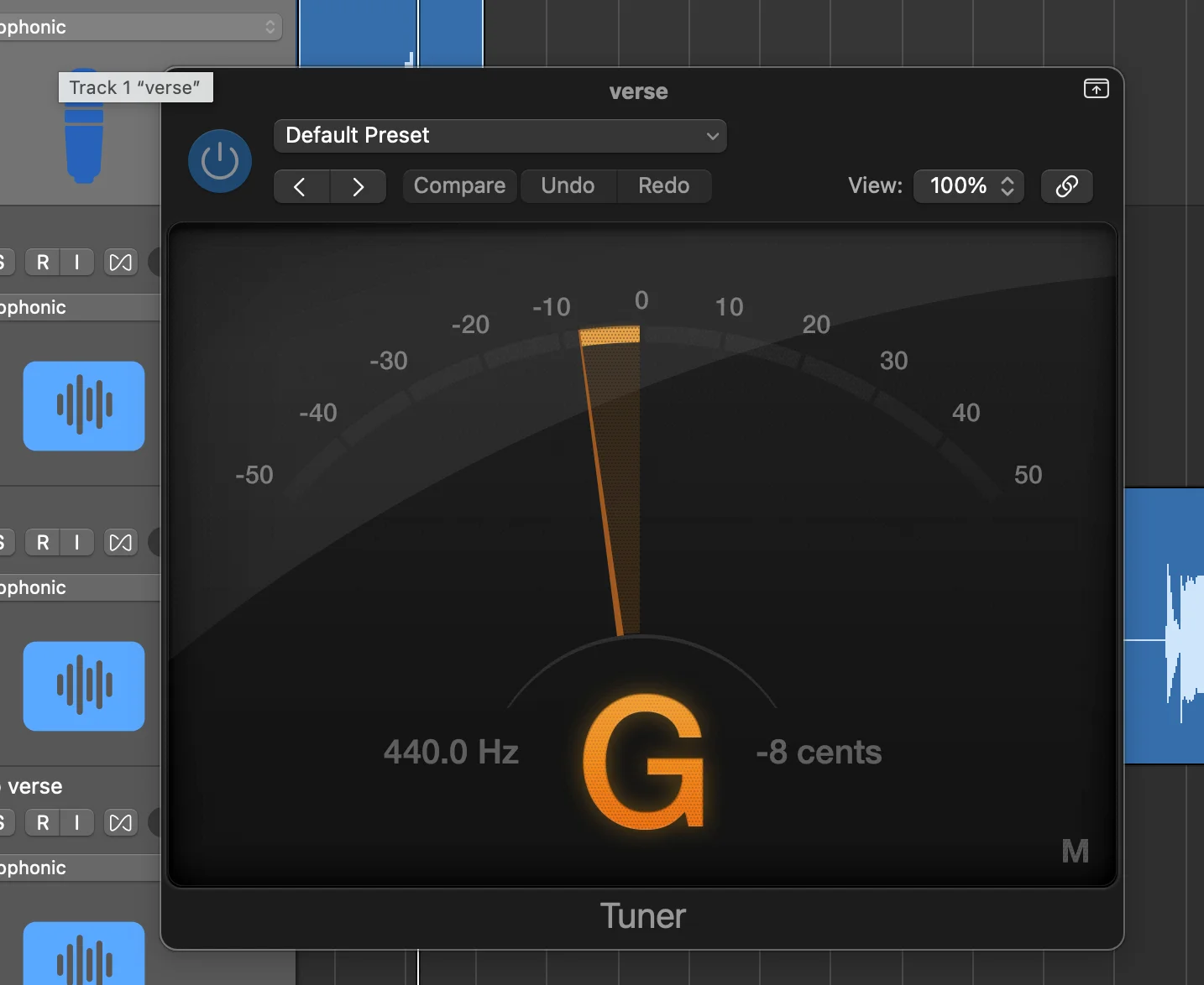 Logic Pro tuner plugin interface showing precise pitch detection for vocal tuning with frequency and cents deviation display