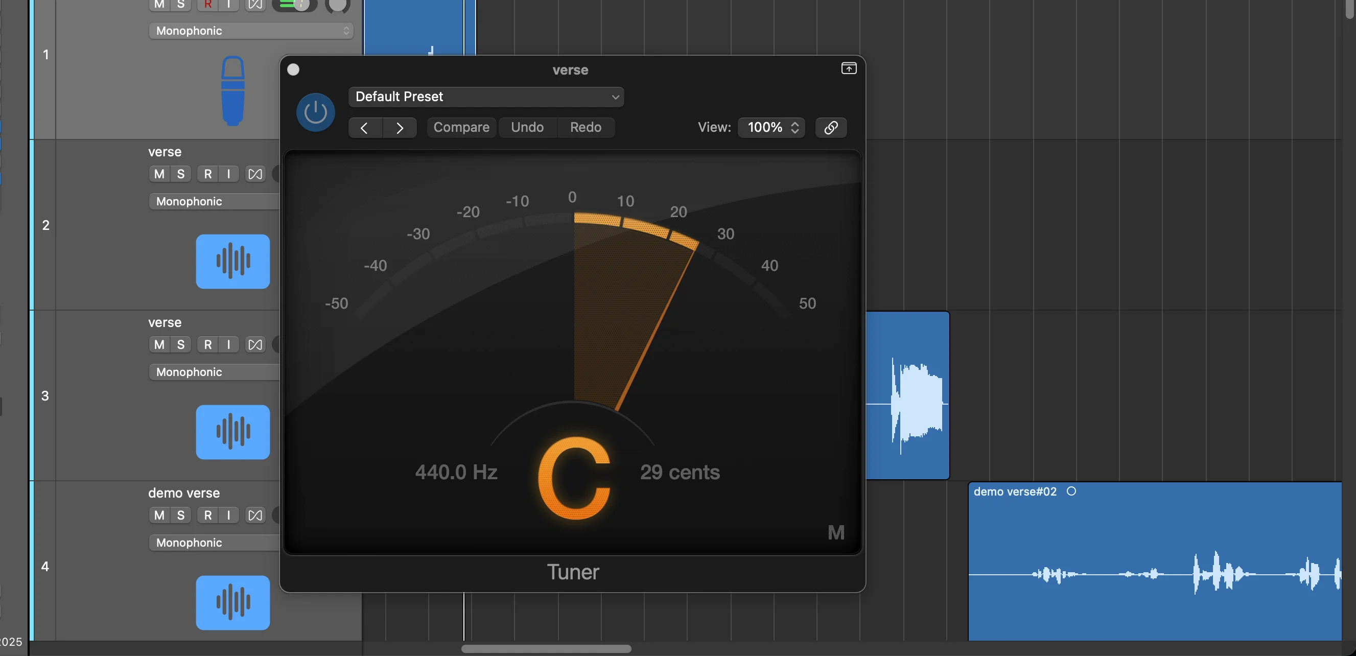 Logic Pro tuner plugin interface showing pitch detection for verifying the correct musical key