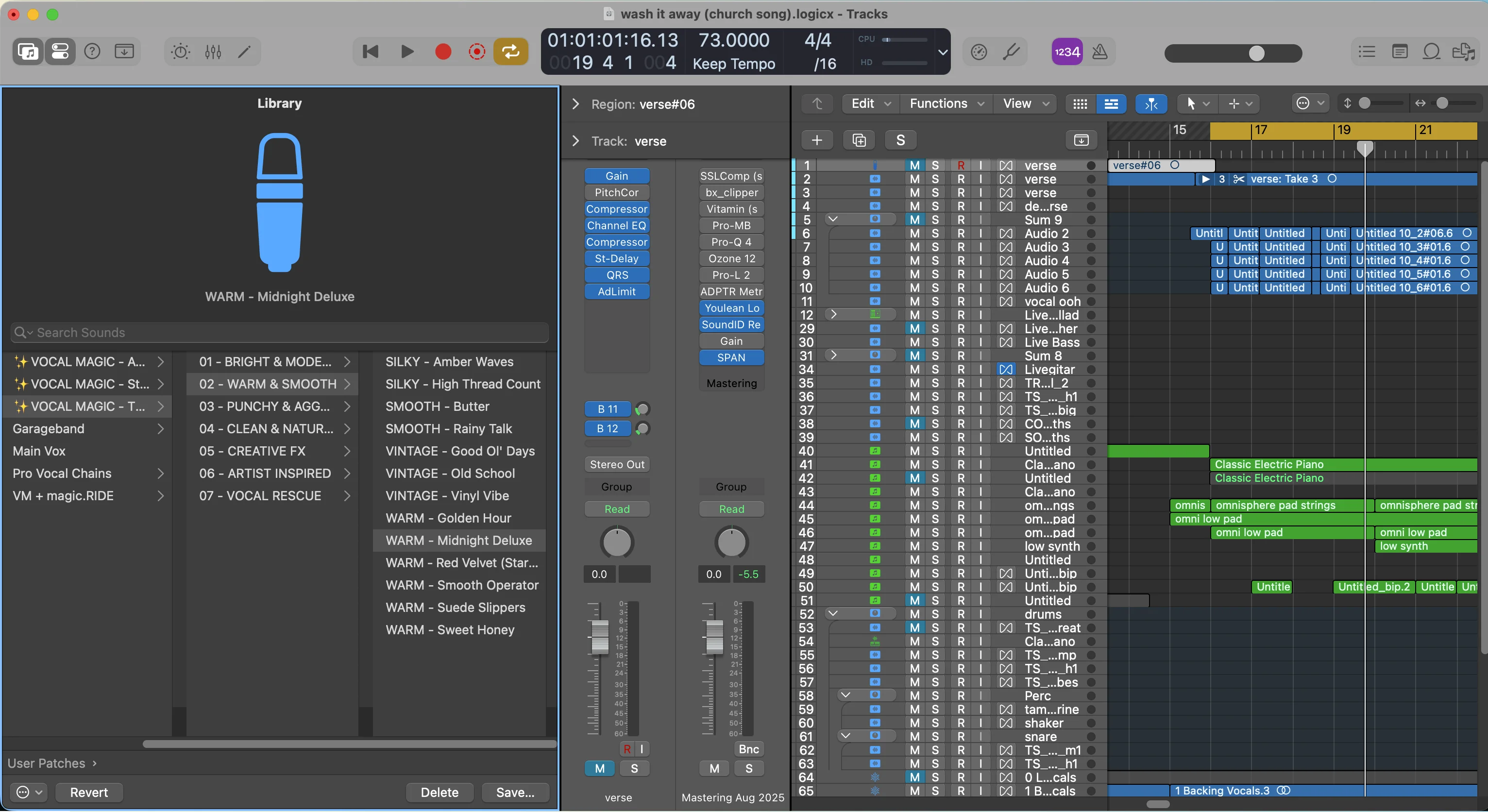 Logic Pro library interface showing Vocal Magic preset categories including Bright, Warm, Punchy, and Artist Inspired vocal processing options for Ableton users to reference