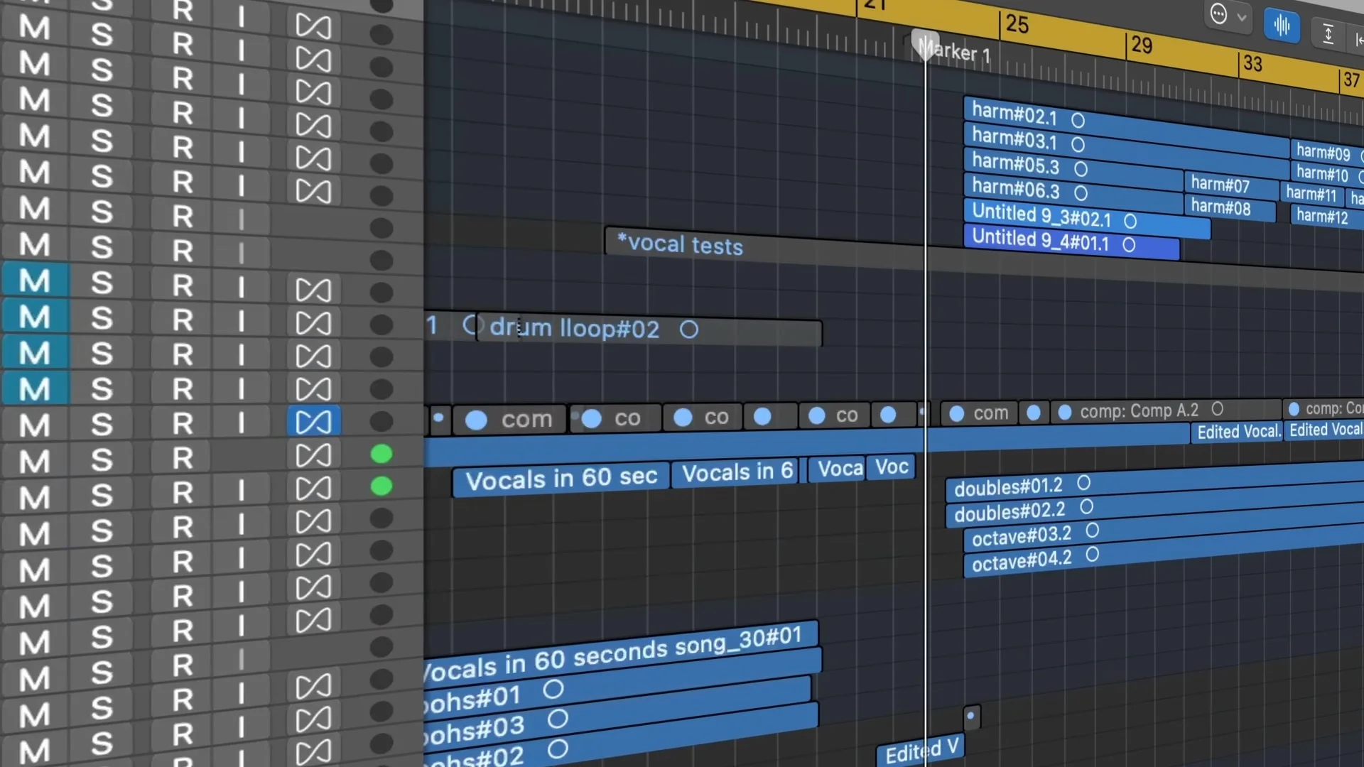 Logic Pro interface displaying multiple layered vocal tracks with harmonies and vocal processing effects for professional arrangement