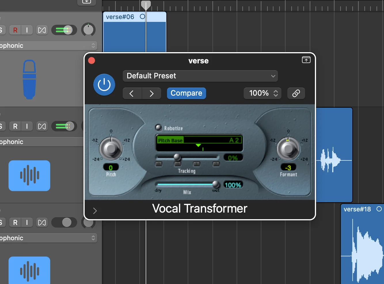 Logic Pro interface showing vocal plugin loaded on a track, demonstrating how vocal presets appear when loaded in the DAW