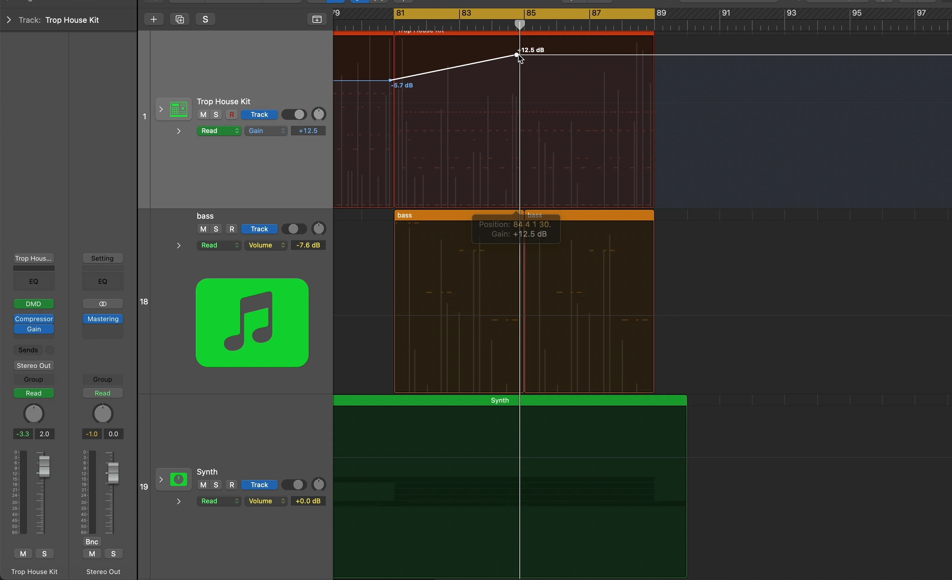 Logic Pro track editor showing volume automation curves being edited on multiple audio tracks for precise gain staging control