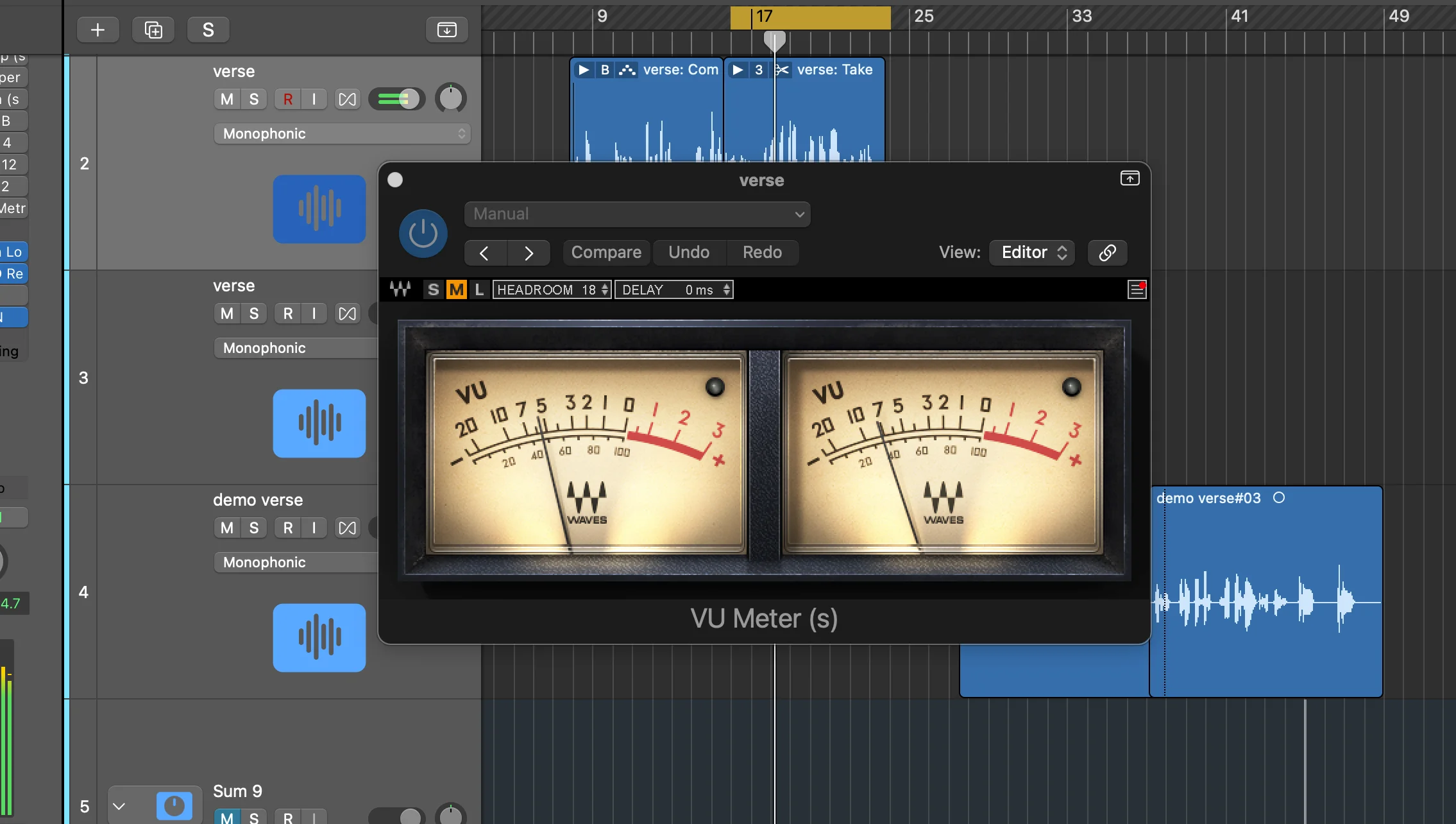 Logic Pro X vintage analog VU meters plugin displaying dual cream-colored needle meters for measuring audio levels during gain staging