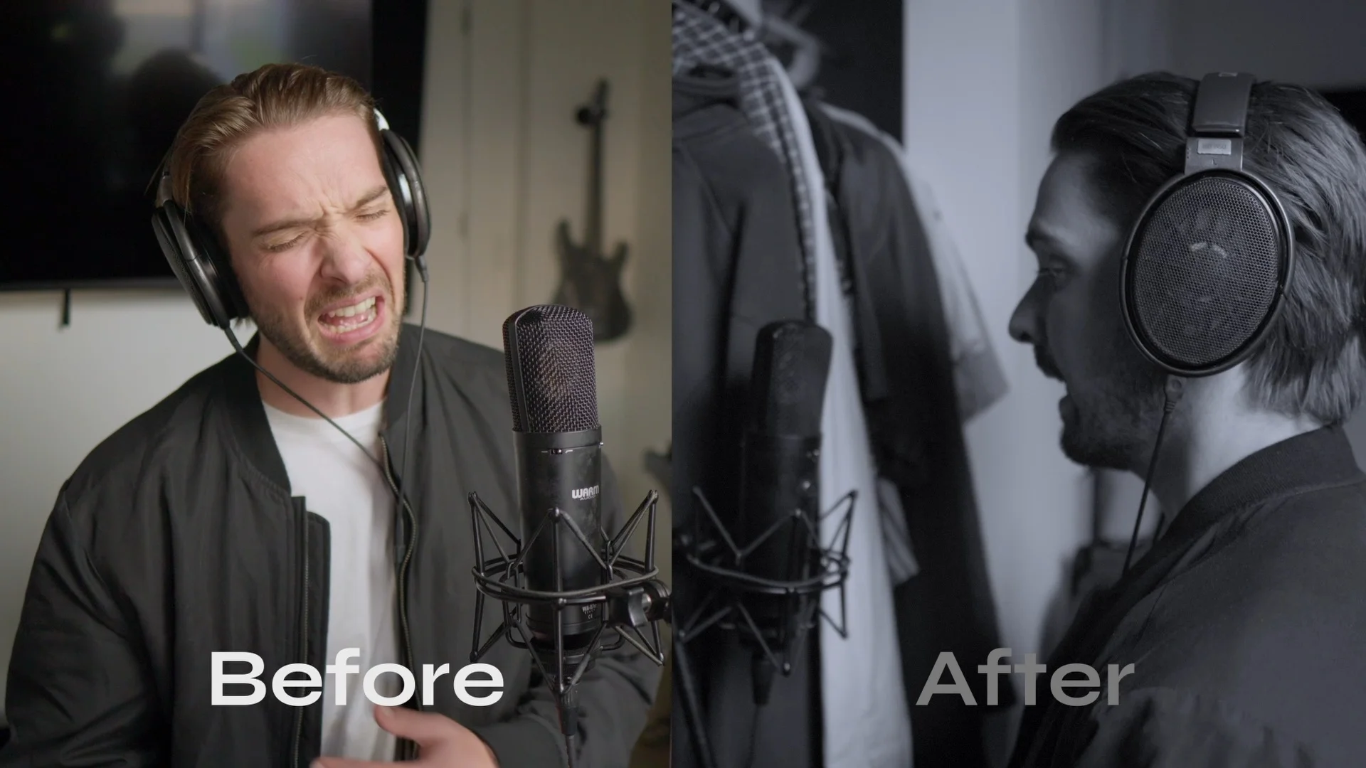 Mattie recording vocals with condenser microphone in home studio setup for microphone comparison testing