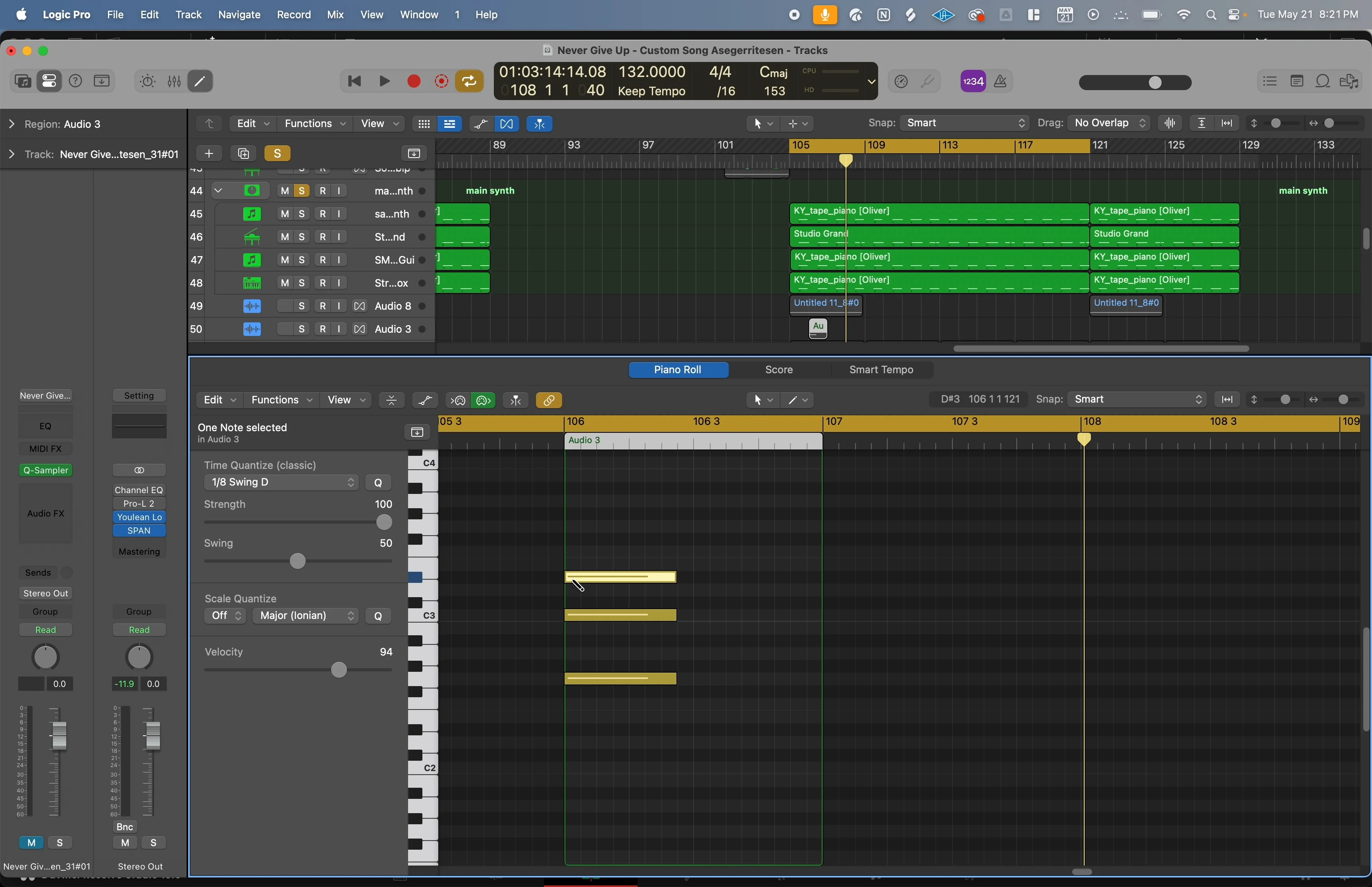 Logic Pro X interface showing MIDI piano roll and audio tracks for creating vocal doubles and layers like Julian Casablancas