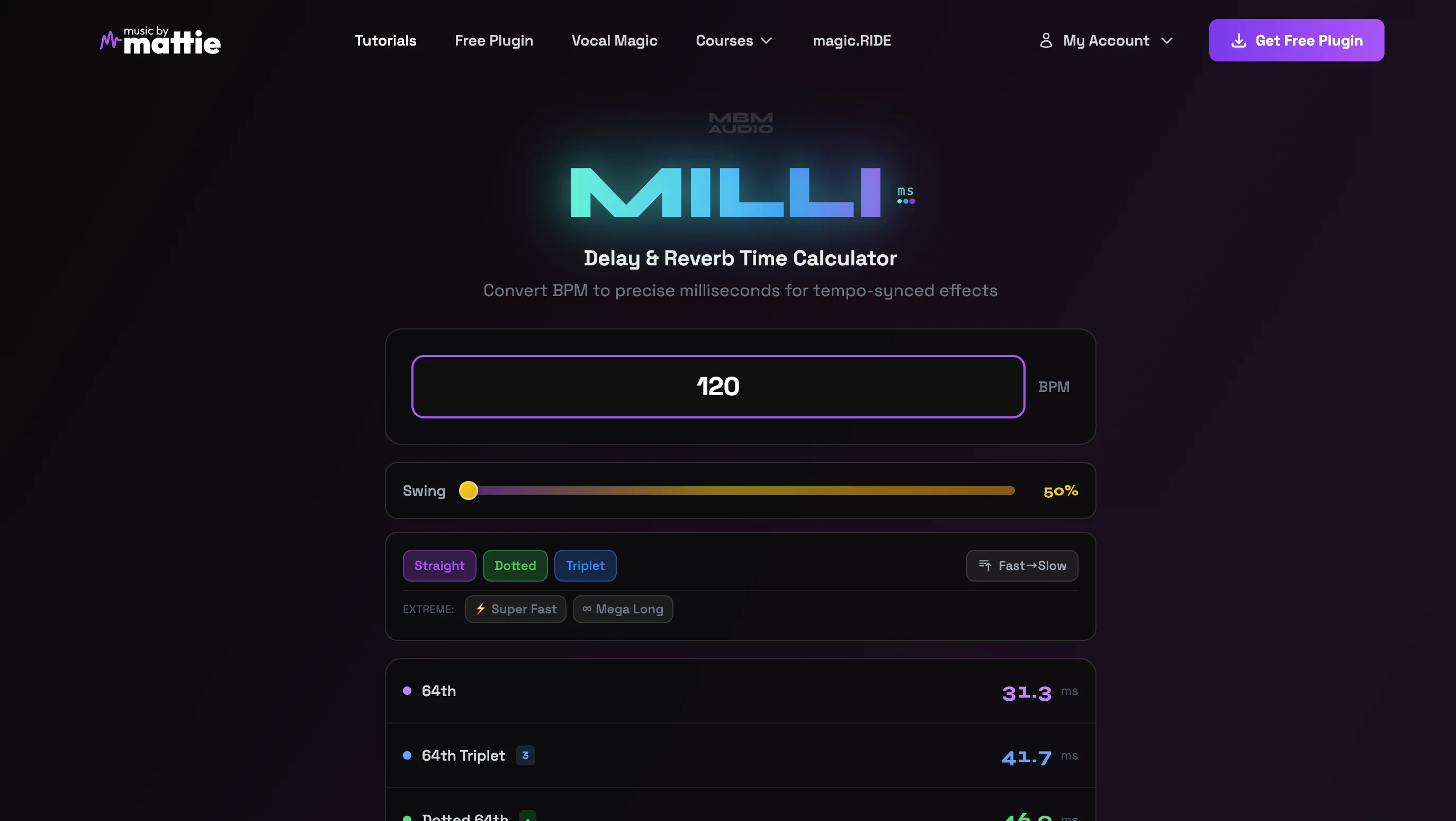 MILLI delay and reverb time calculator interface showing BPM settings for calculating precise slapback delay timing