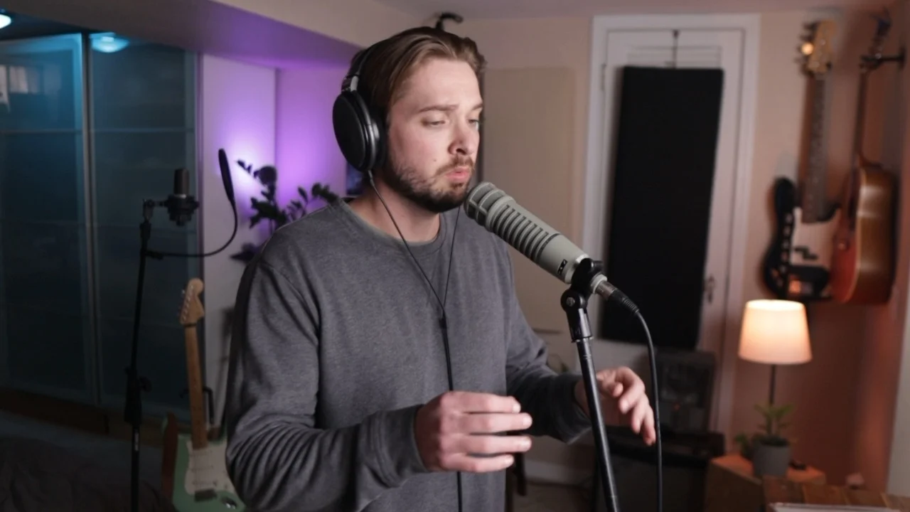 Mattie recording vocals with Electro-Voice RE20 microphone and headphones for comparing against professional reference tracks
