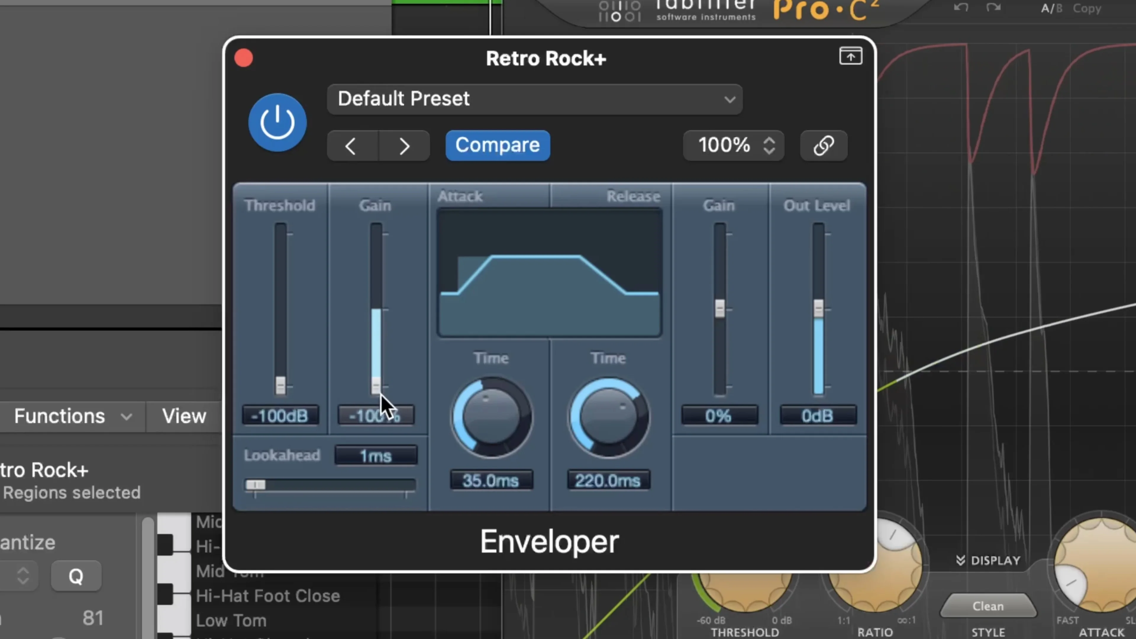Retro Rock+ compressor plugin interface showing threshold, attack, release, and gain controls for adding harmonic distortion to audio