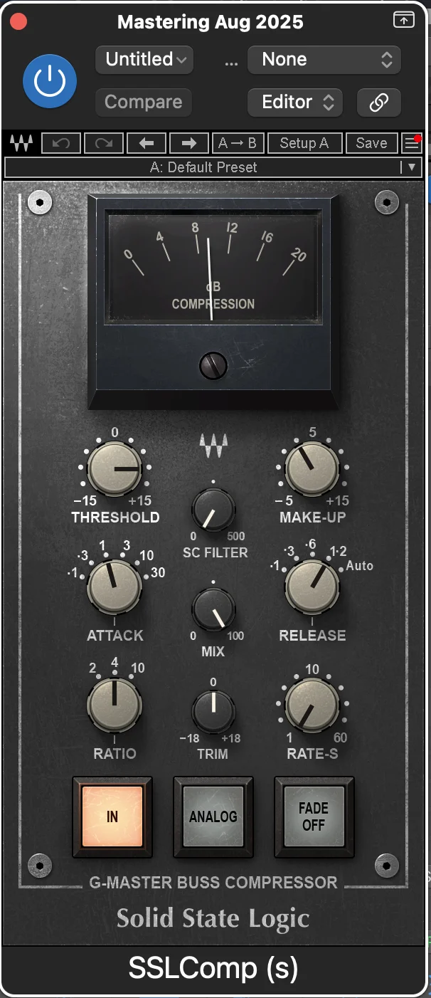 SSL bus compressor plugin interface in Logic Pro showing vintage analog-modeled compression controls for professional mastering results