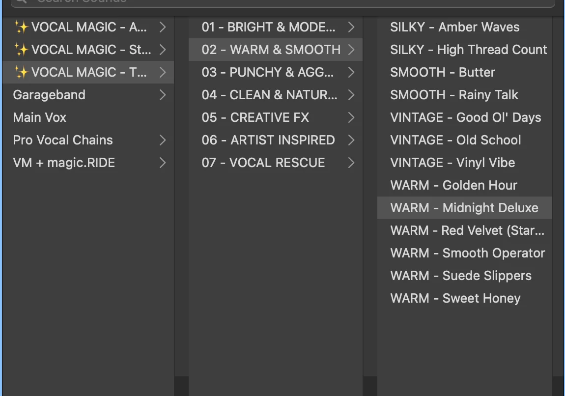 Vocal Magic preset categories showing Silky, Smooth, Vintage, and Warm vocal processing options for free Logic Pro vocal presets