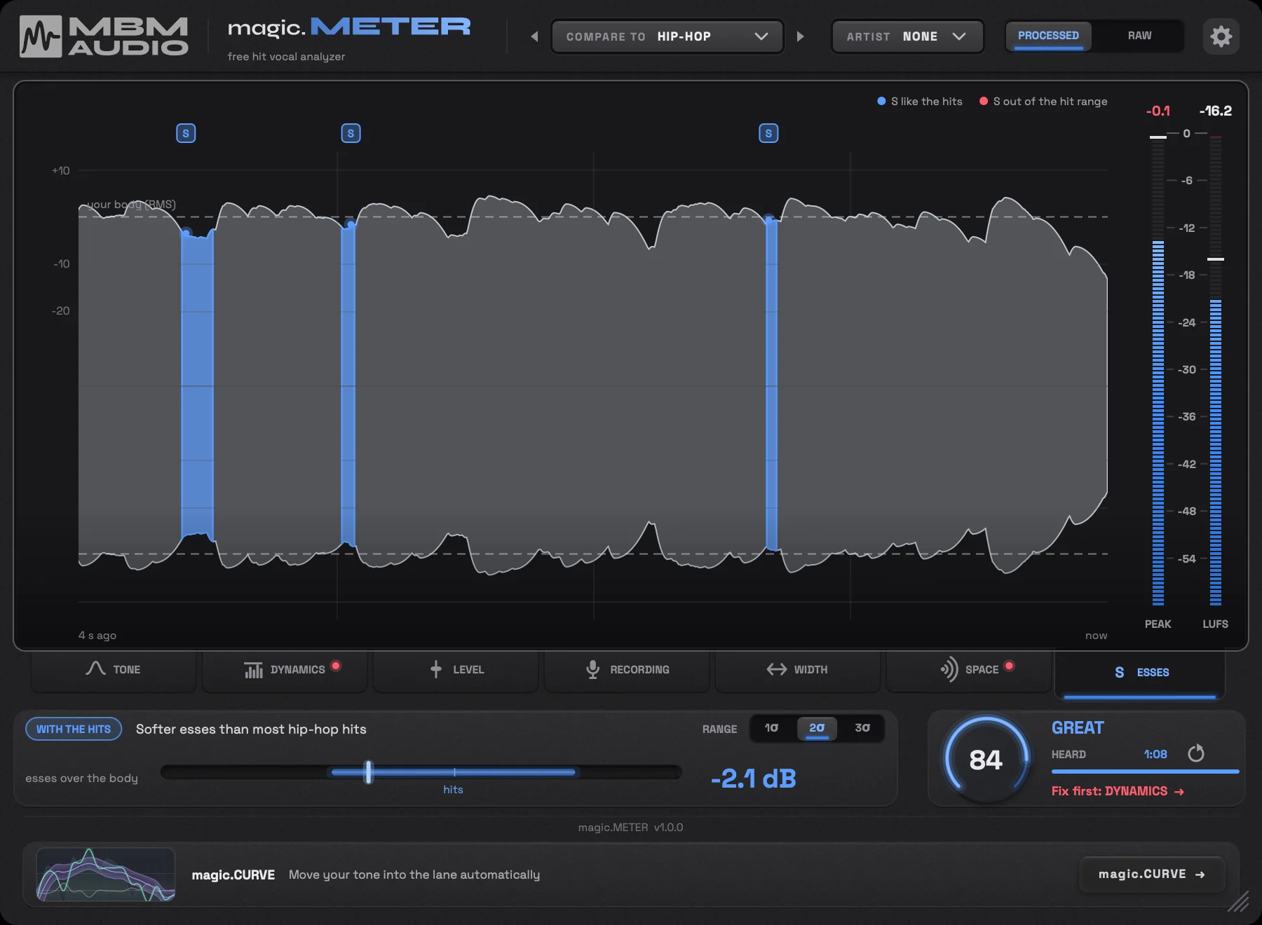 magic.METER on the ESSES tab: the vocal's waveform with each S lit, against where hit esses peak
