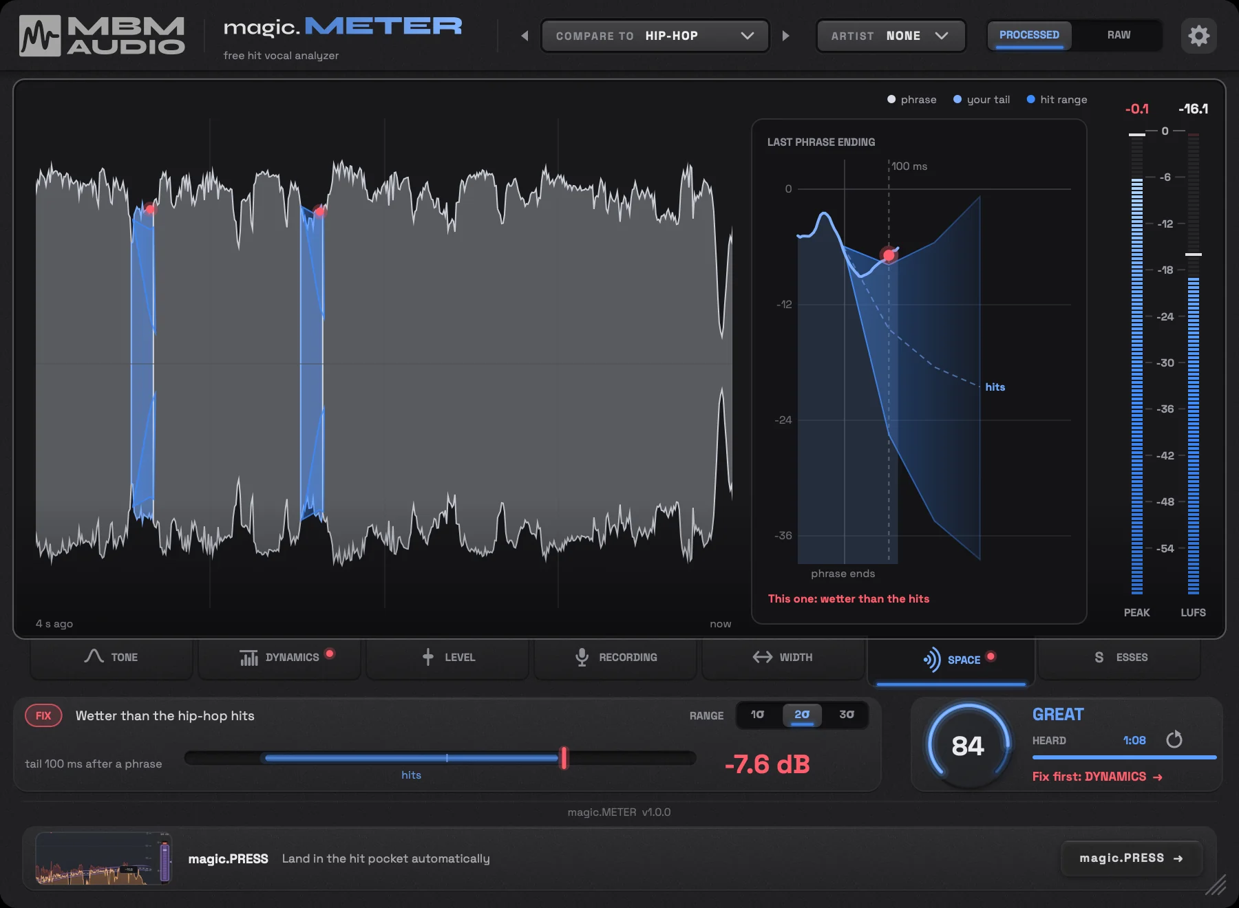 magic.METER on the SPACE tab: phrase endings with their reverb tails against where hit tails sit, flagged as wetter than the hits
